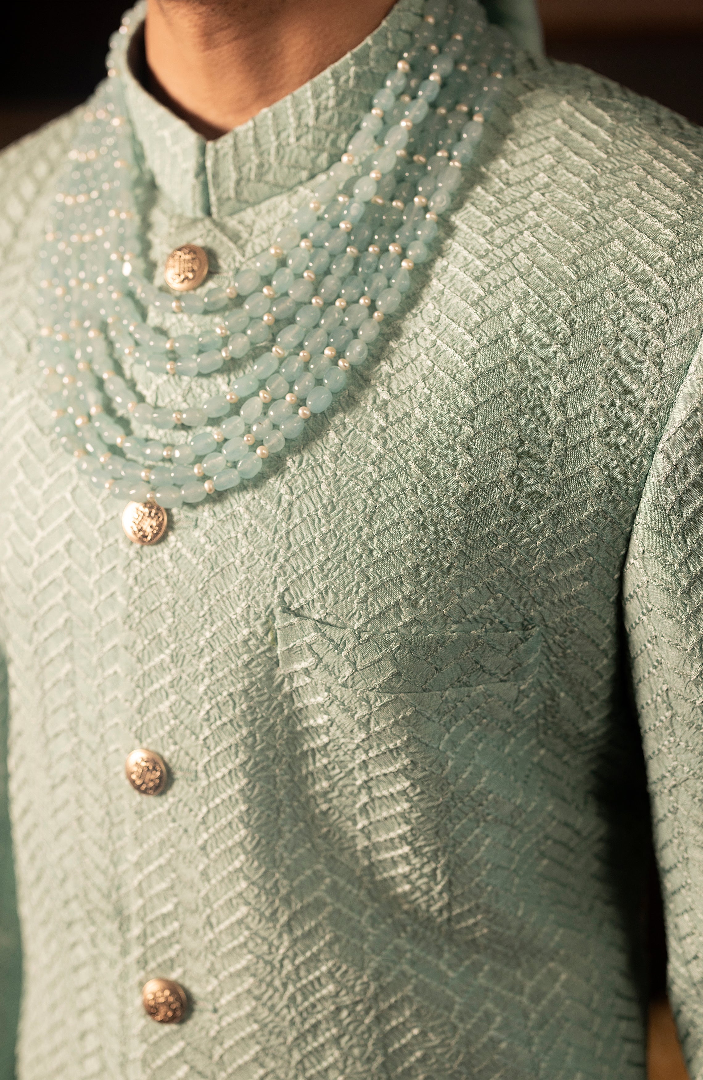 Mint Blue Embroidered Silk Groom Sherwani (3-Piece) - Image 3