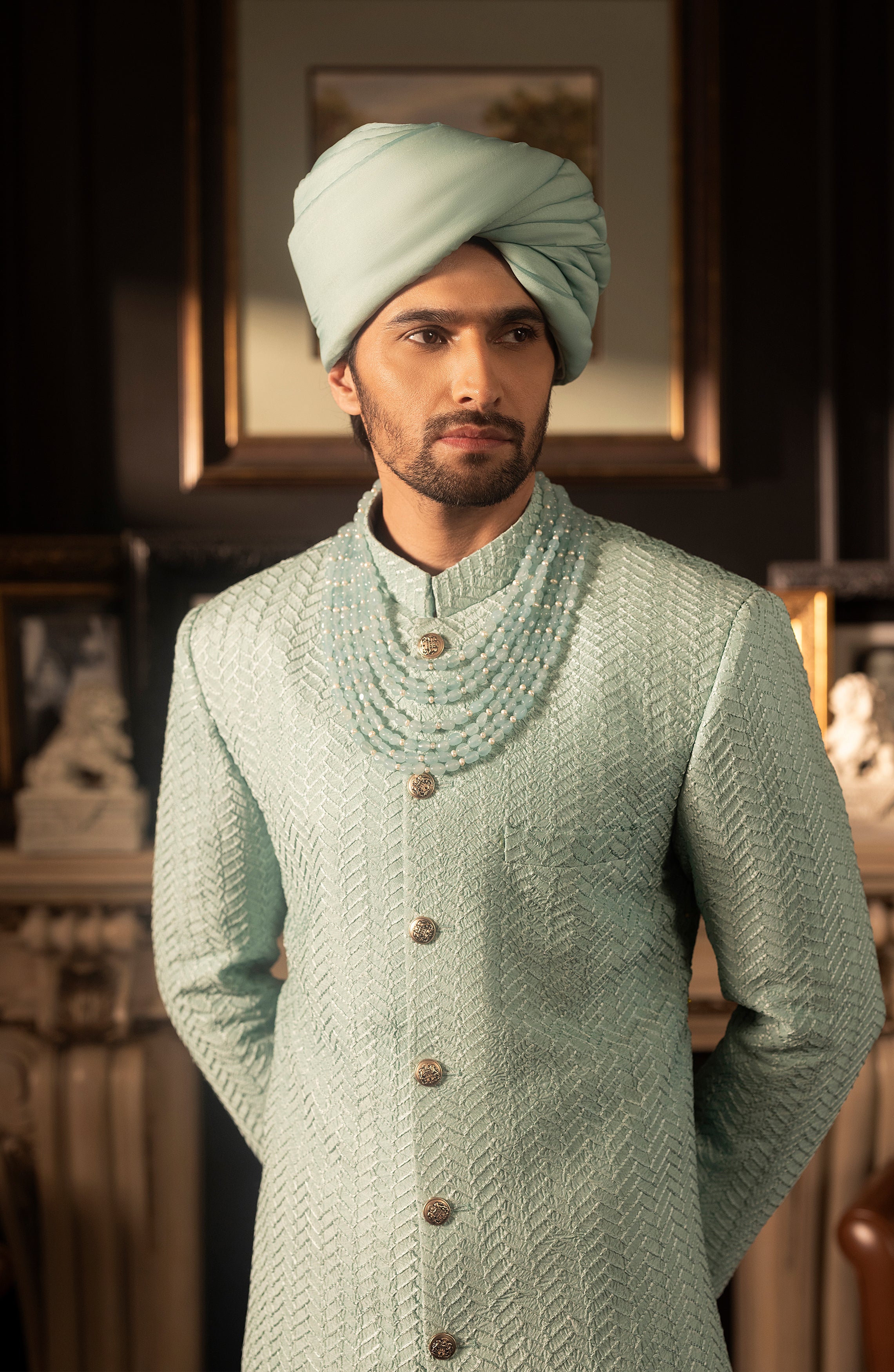 Mint Blue Embroidered Silk Groom Sherwani (3-Piece) - Image 4