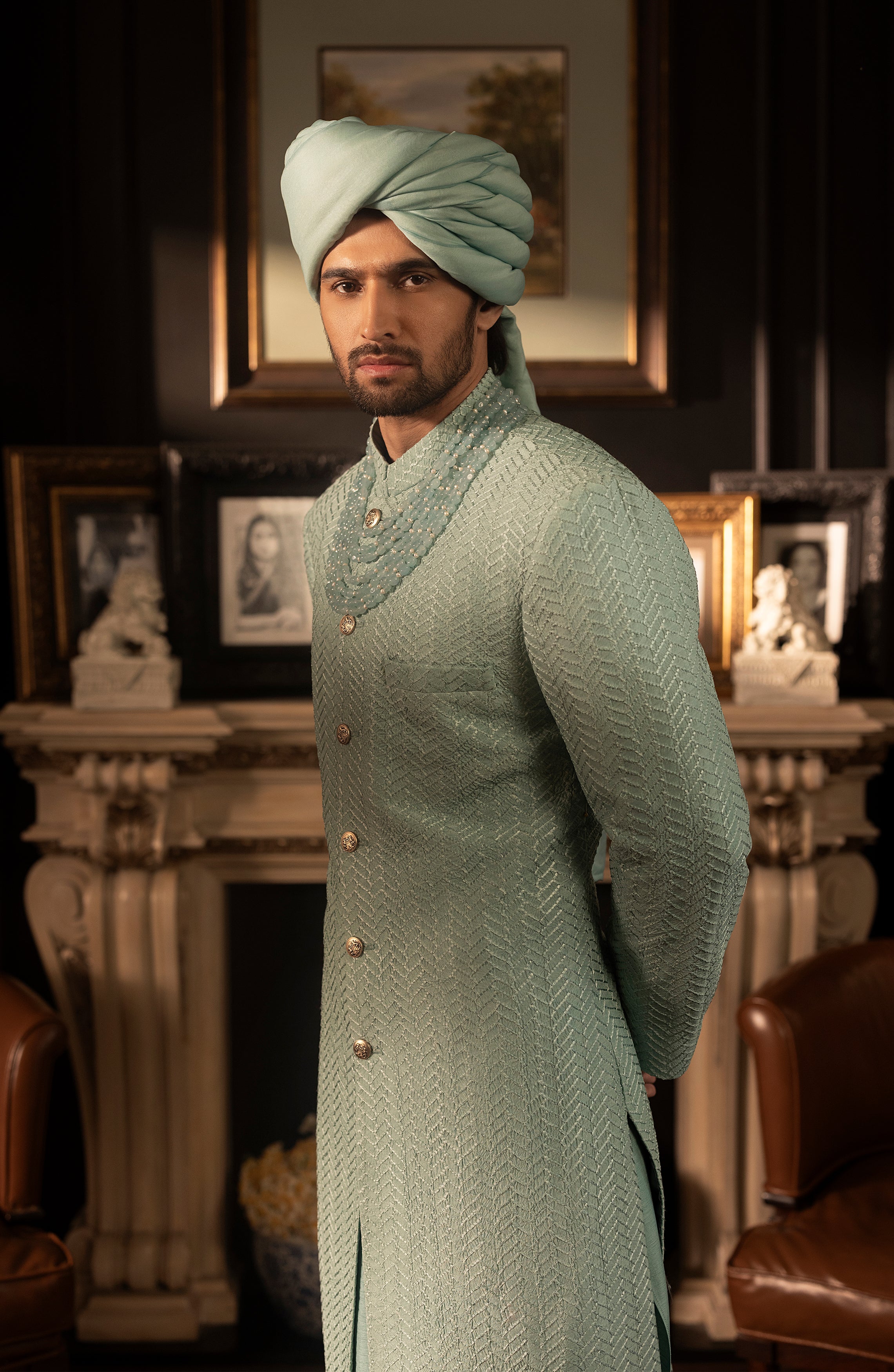 Mint Blue Embroidered Silk Groom Sherwani (3-Piece) - Image 5