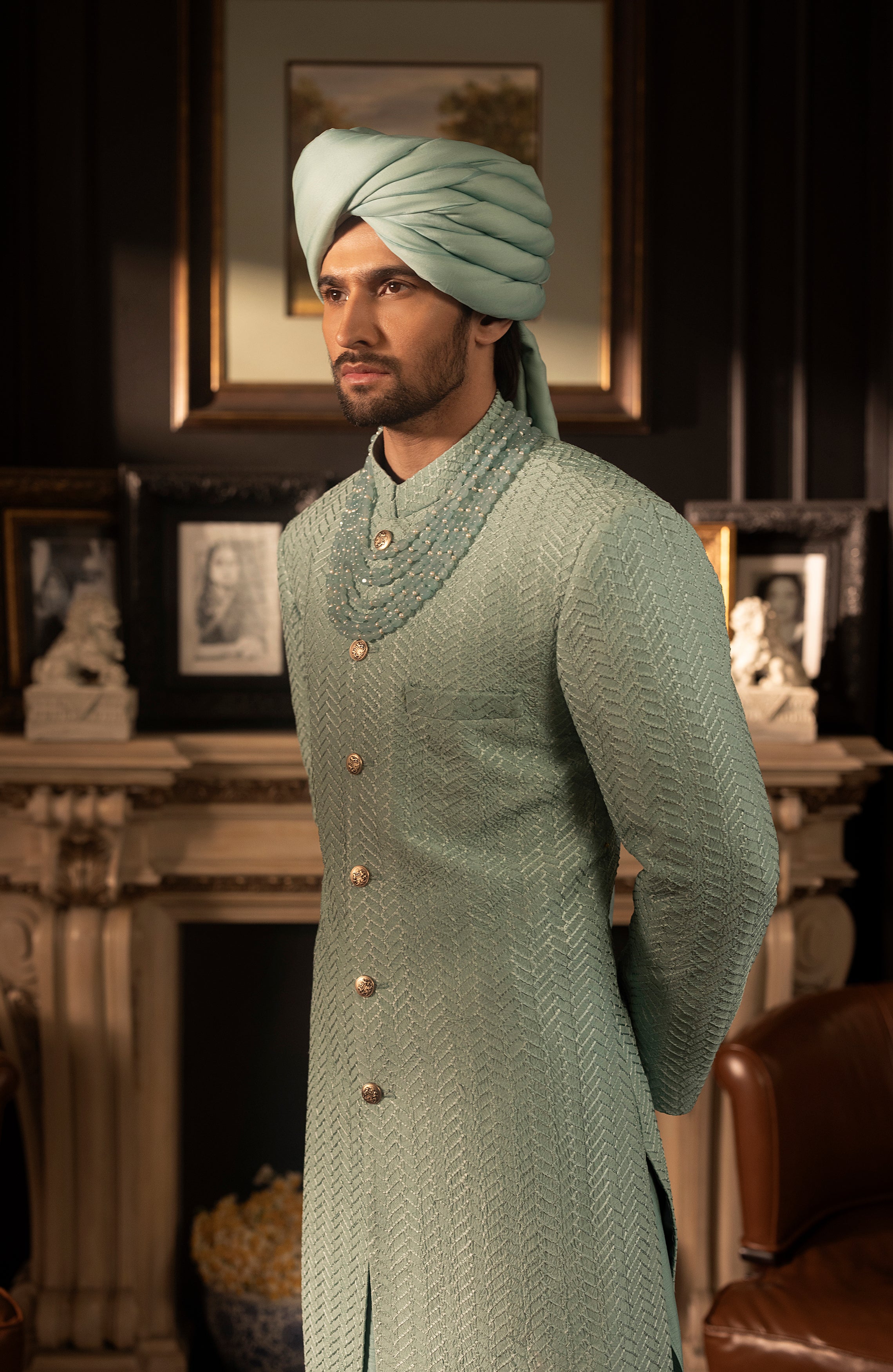 Mint Blue Embroidered Silk Groom Sherwani (3-Piece) - Image 6