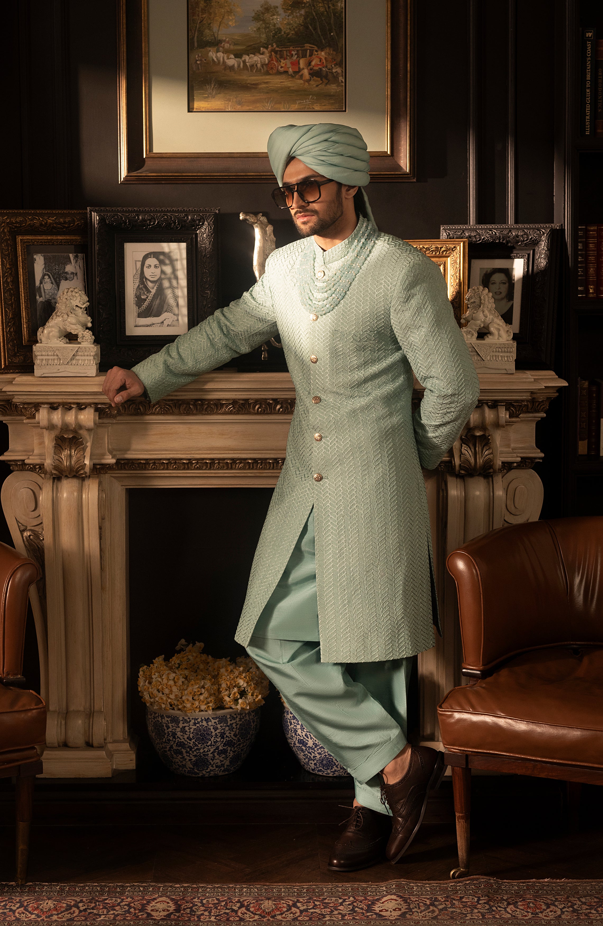 Mint Blue Embroidered Silk Groom Sherwani (3-Piece) - Image 8