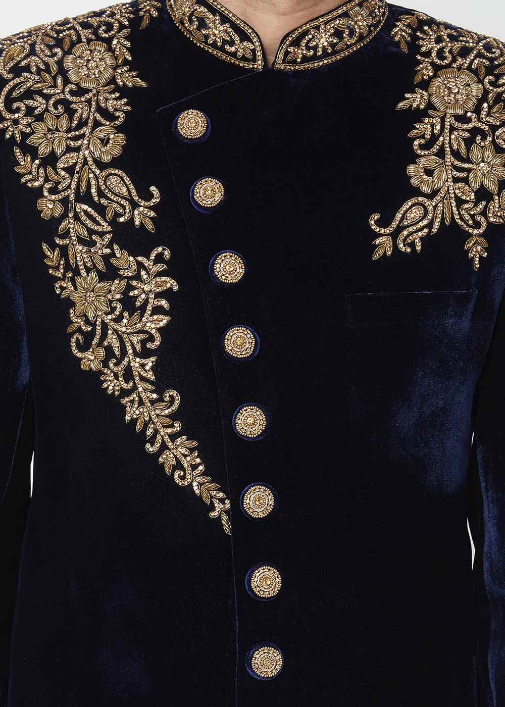 Midnight Blue Gold Embroidered Velvet Sherwani (2-Piece) - Image 2