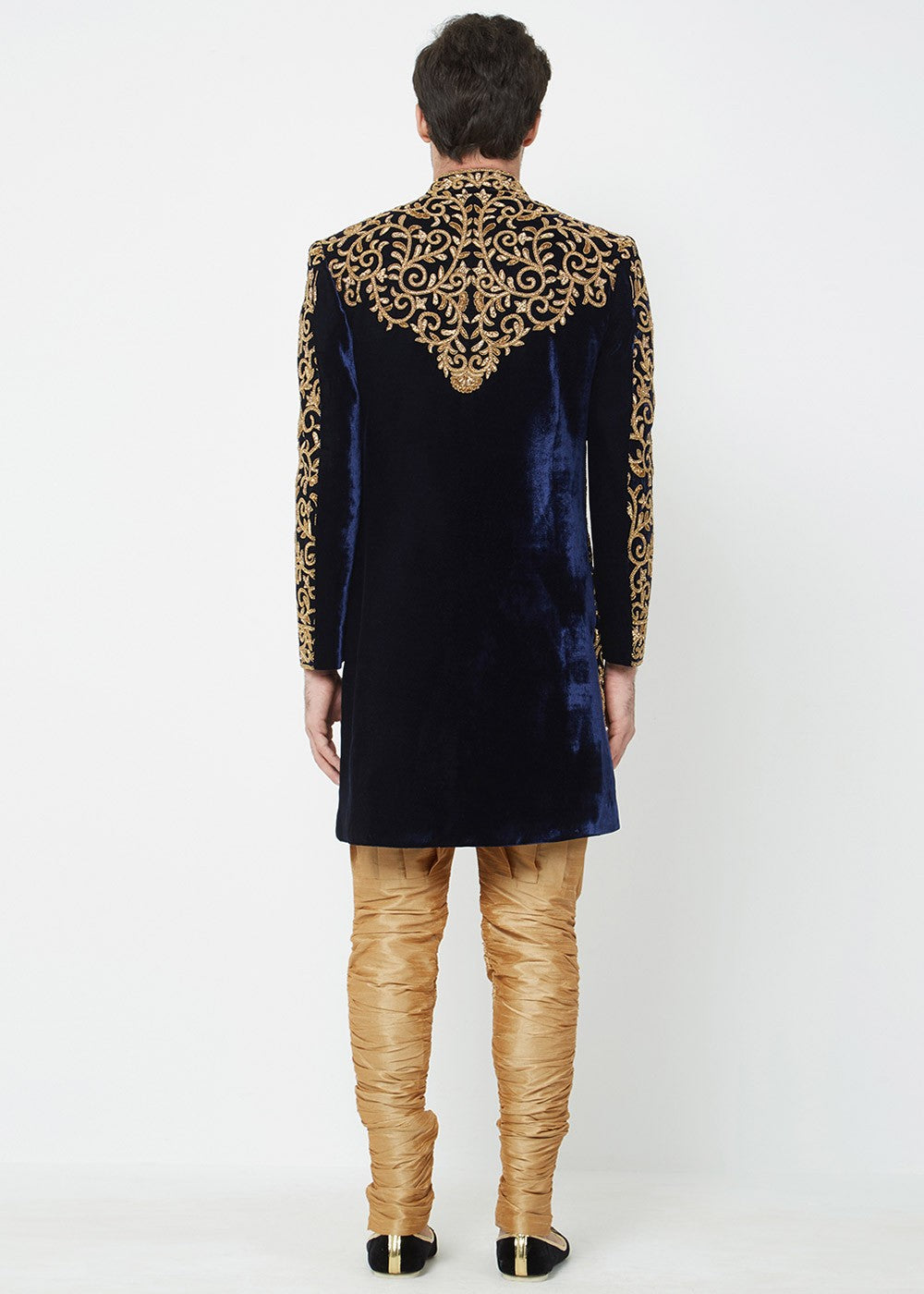 Midnight Blue Gold Embroidered Velvet Sherwani (2-Piece) - Image 3