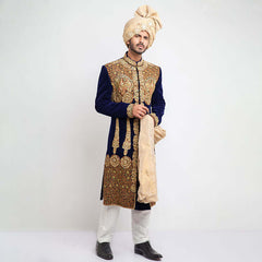 Midnight Blue Zardozi Velvet Sherwani (3-Piece) - Image 2
