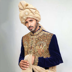 Midnight Blue Zardozi Velvet Sherwani (3-Piece) - Image 4
