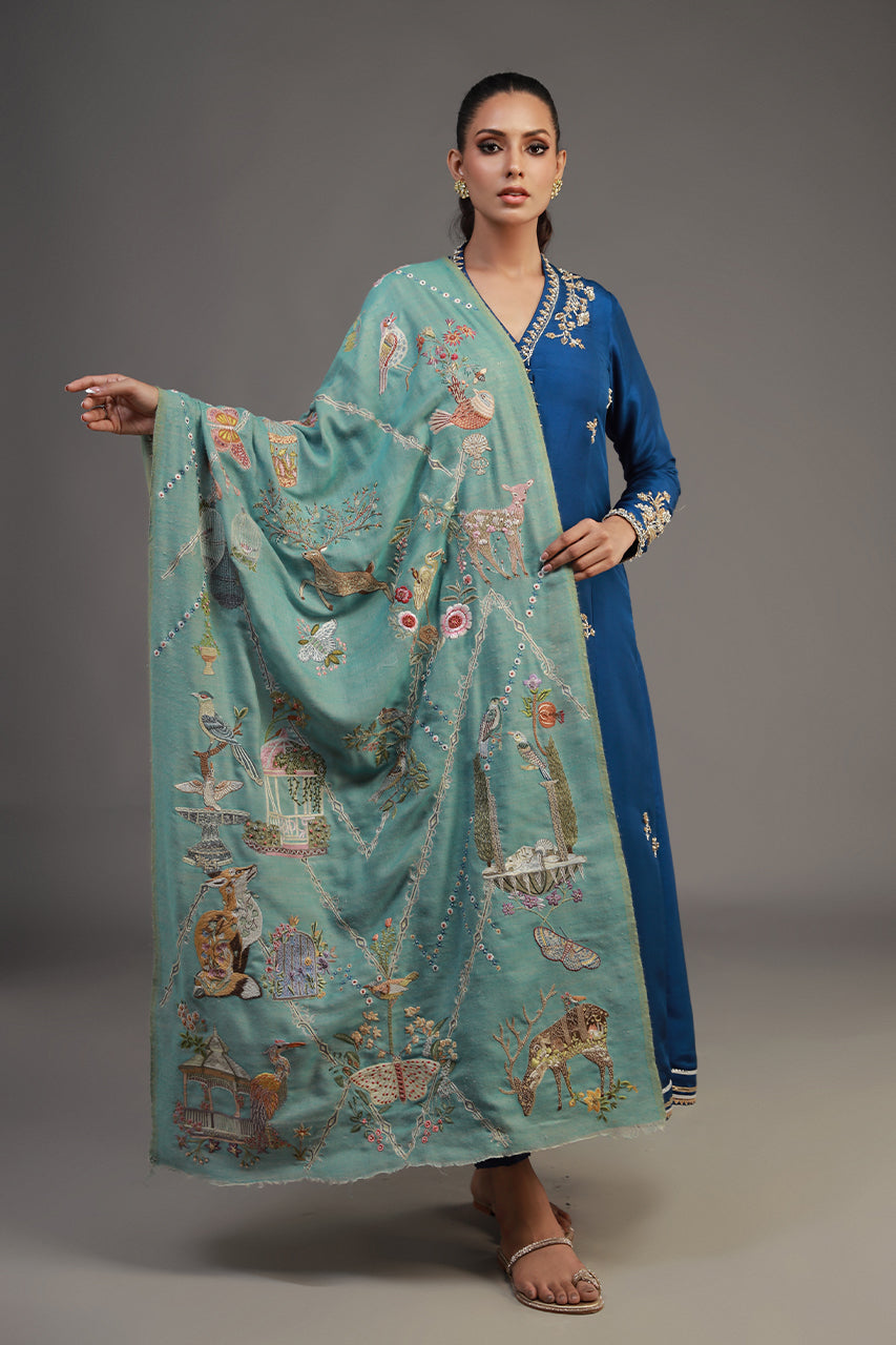 Pakistani Soft Blue Hand-Embroidered Pashmina Stole (1-Pc) - Image 1