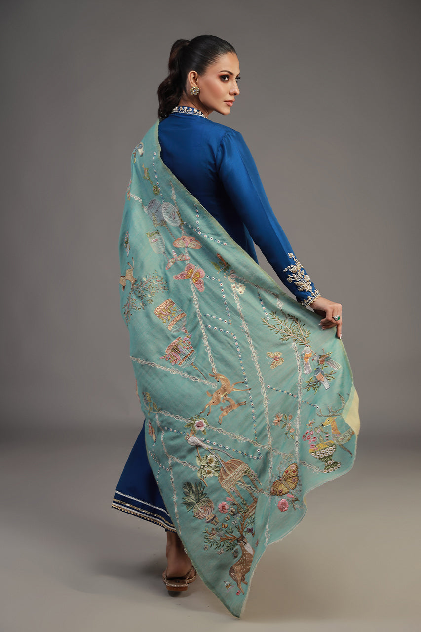 Pakistani Soft Blue Hand-Embroidered Pashmina Stole (1-Pc) - Image 2