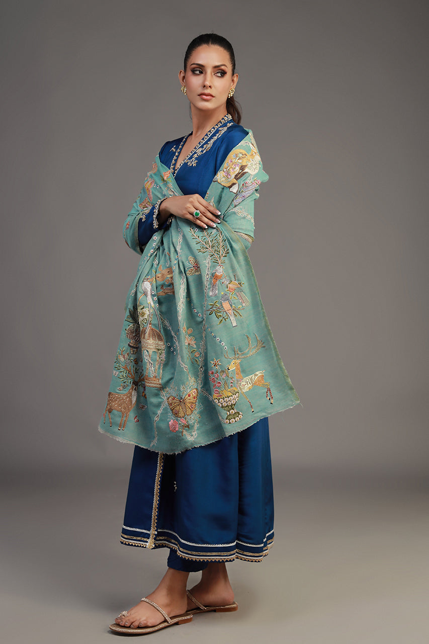 Pakistani Soft Blue Hand-Embroidered Pashmina Stole (1-Pc) - Image 3