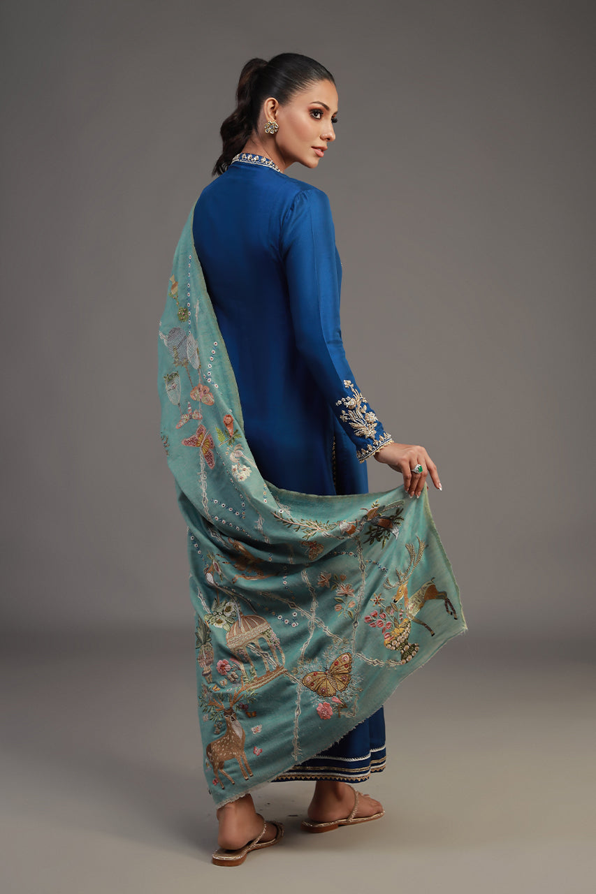 Pakistani Soft Blue Hand-Embroidered Pashmina Stole (1-Pc) - Image 4