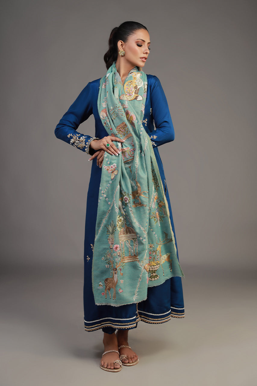 Pakistani Soft Blue Hand-Embroidered Pashmina Stole (1-Pc) - Image 5