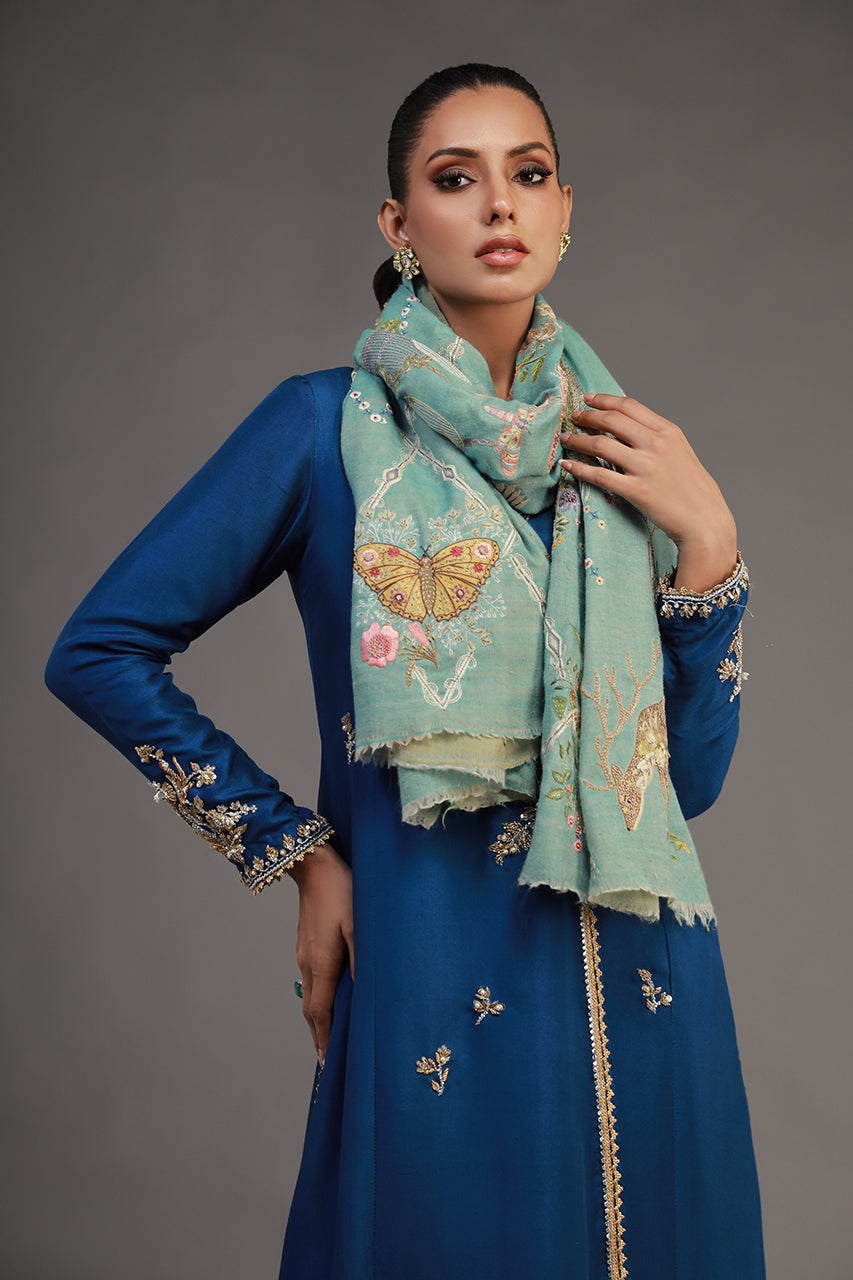 Pakistani Soft Blue Hand-Embroidered Pashmina Stole (1-Pc) - Image 6