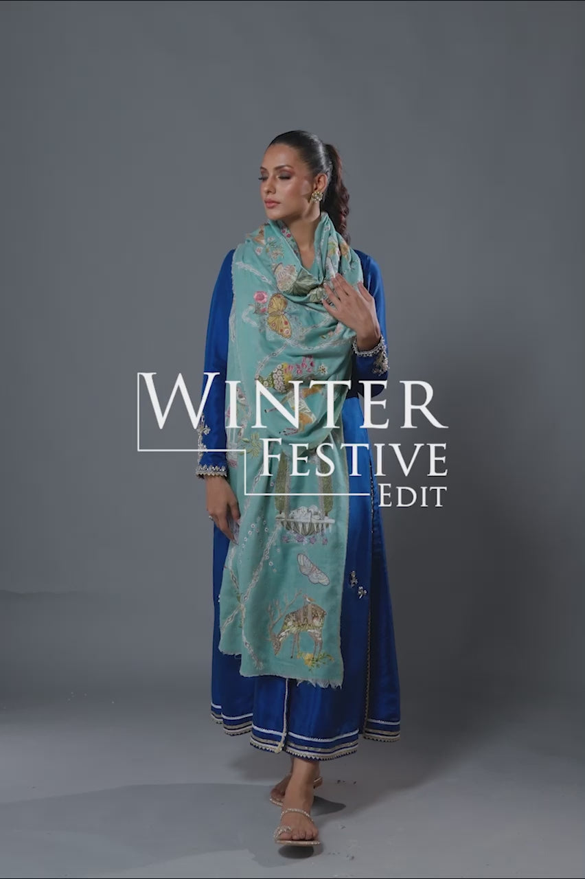 Pakistani Soft Blue Hand-Embroidered Pashmina Stole (1-Pc) - Image 7