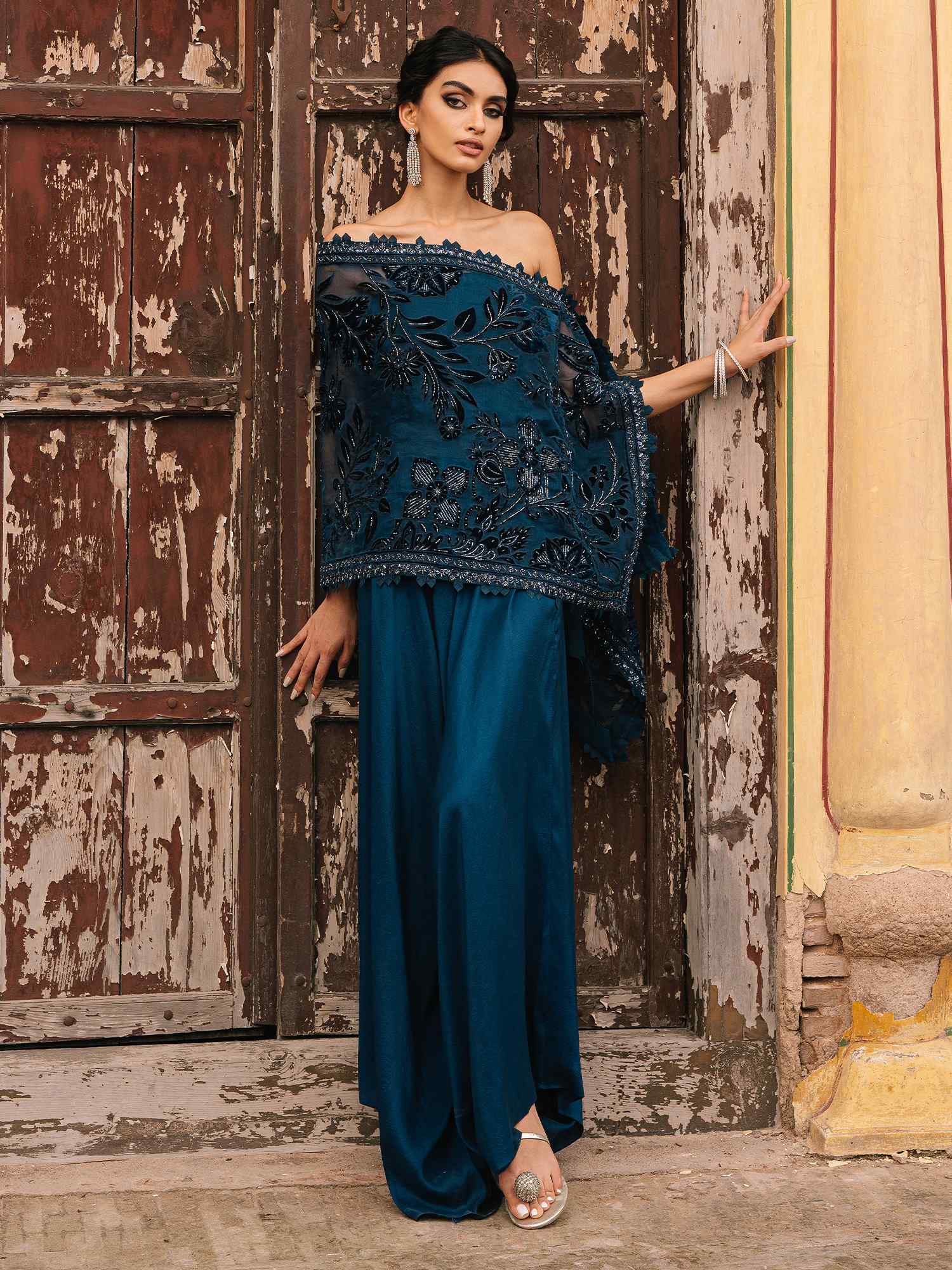 Pakistani Twilight Blue Velvet Appliqué Organza & Silk Set (2-Piece) - Image 1