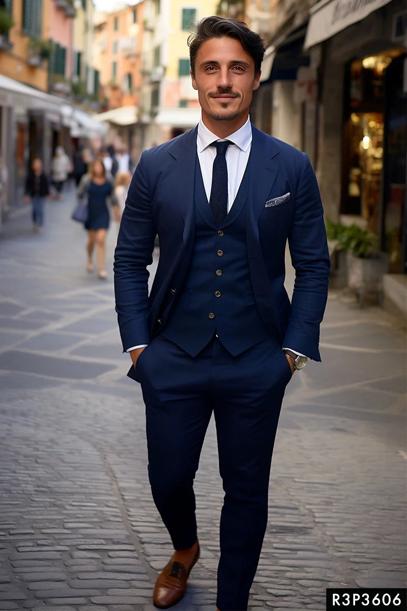 Deep Blue Tailored Wool-Blend 3-Piece Groom Suit - Image 1