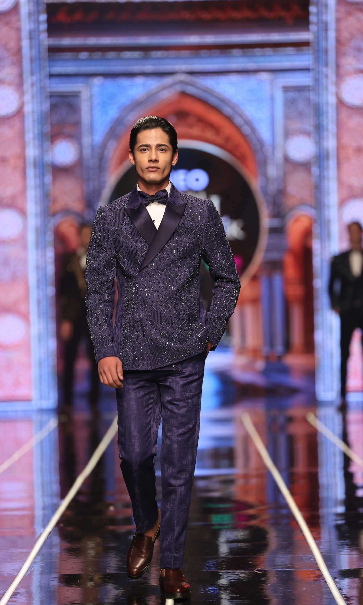 Midnight Blue Embellished Suiting Fabric Tuxedo (3-Piece) - Image 2