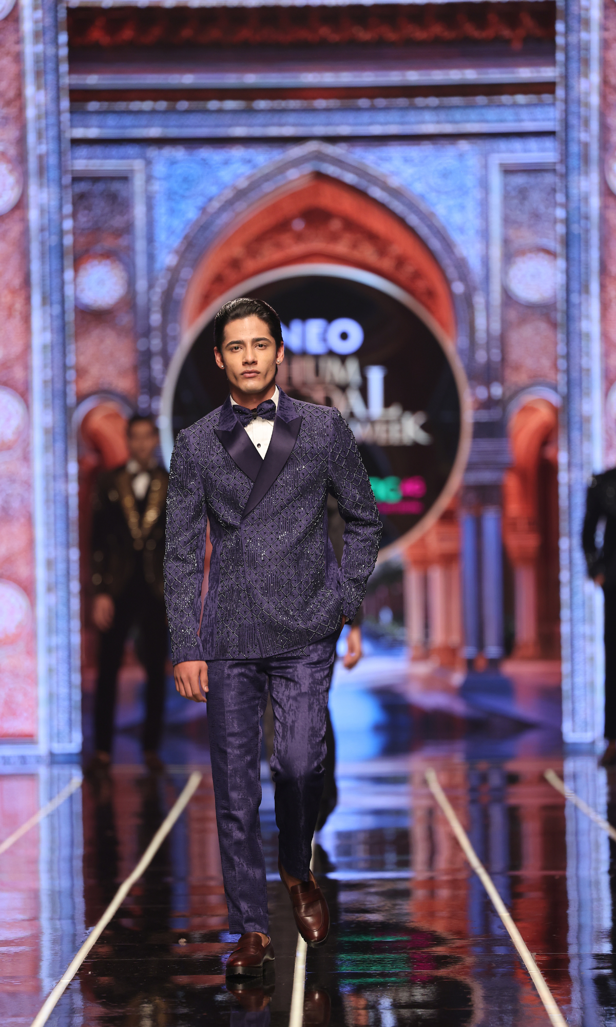 Midnight Blue Embellished Suiting Fabric Tuxedo (3-Piece) - Image 3