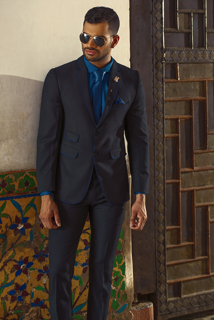 Deep Blue Herringbone Wool Blend Suit (2-Piece) - Image 1