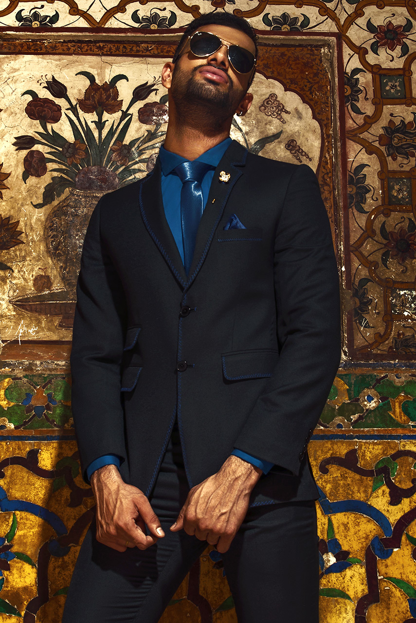 Deep Blue Herringbone Wool Blend Suit (2-Piece) - Image 2