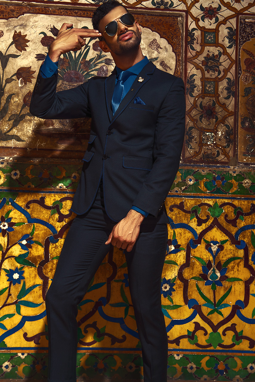 Deep Blue Herringbone Wool Blend Suit (2-Piece) - Image 4