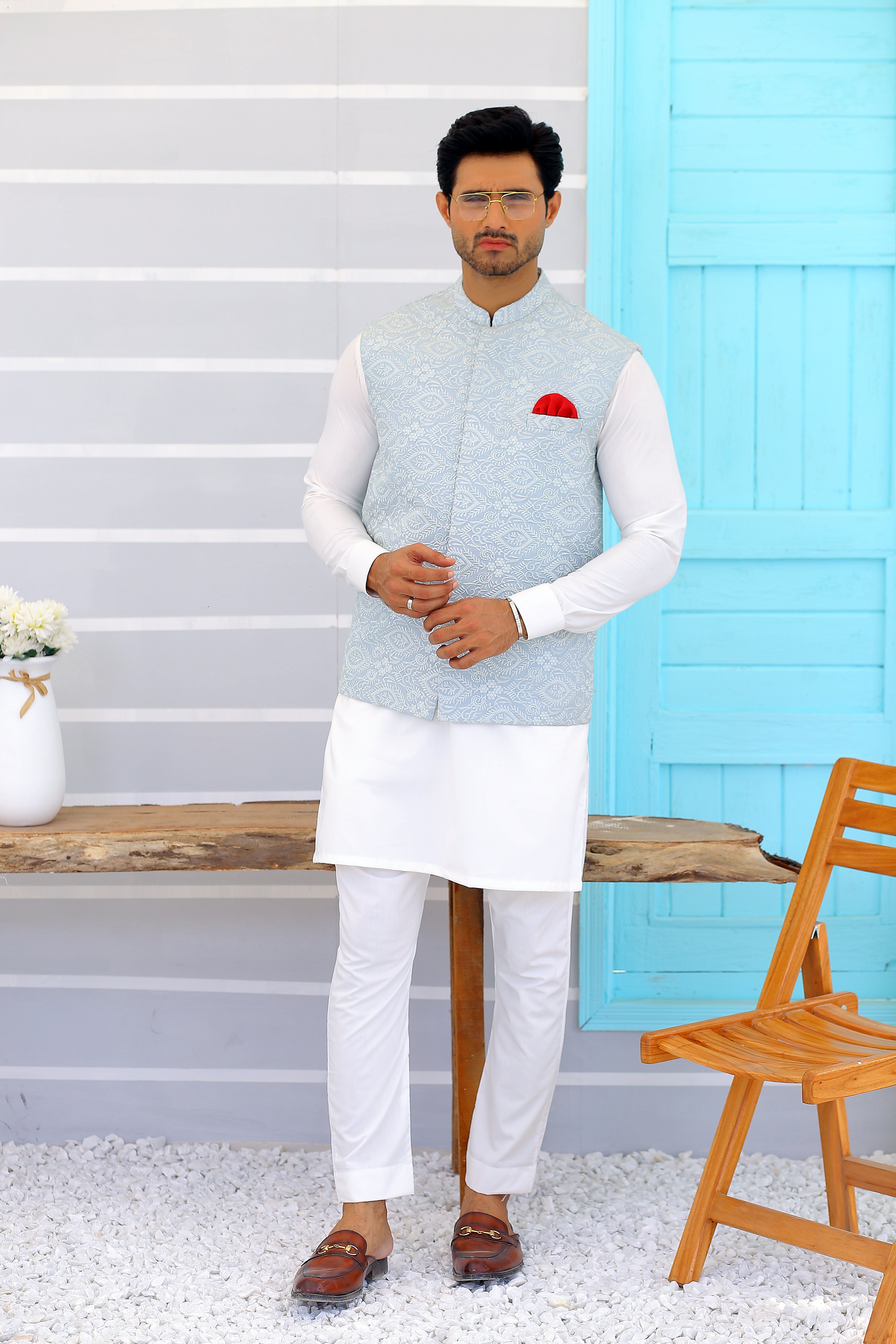 Sky Blue Jacquard Waistcoat (2-Piece) - Image 1