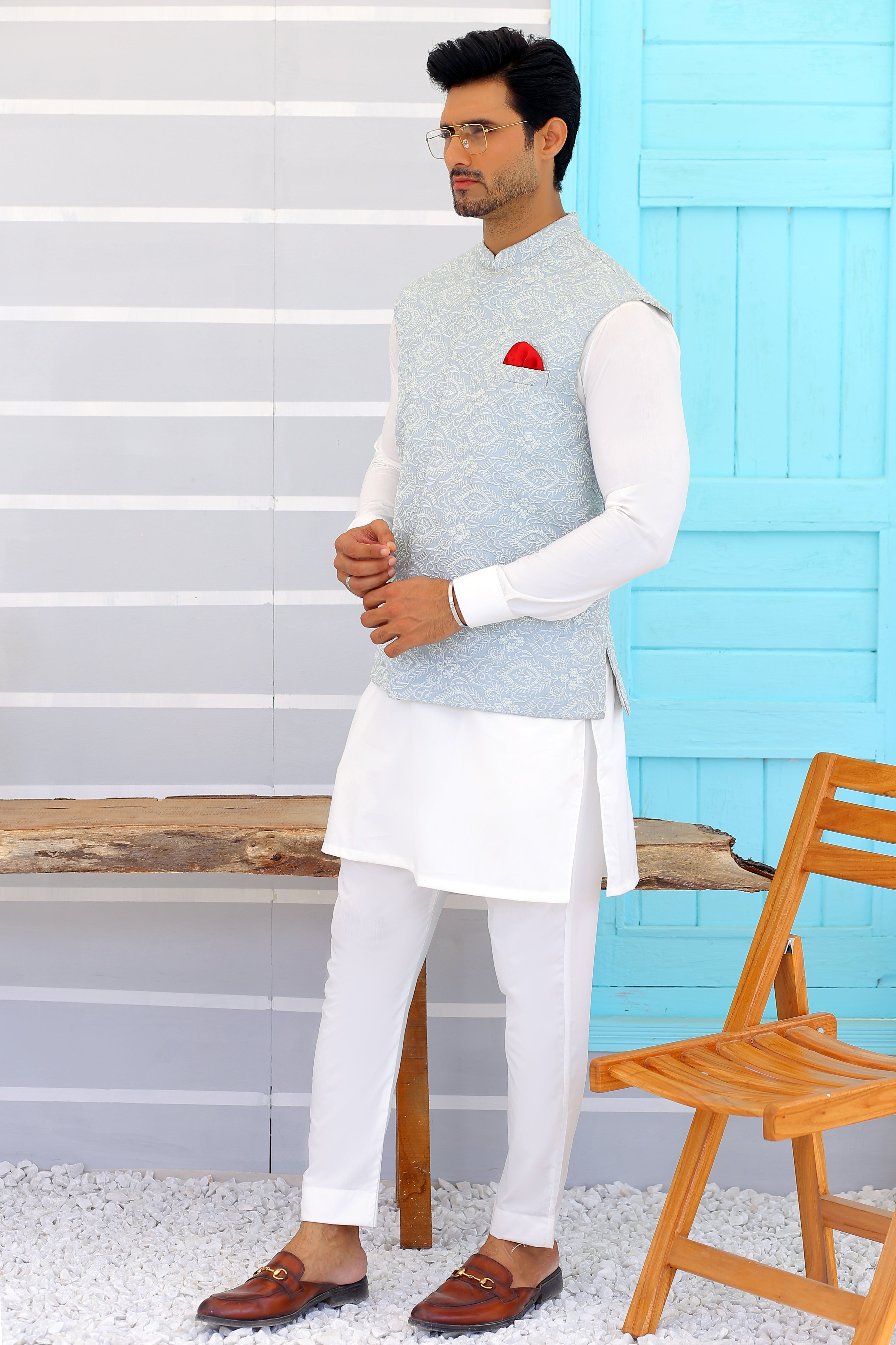 Sky Blue Jacquard Waistcoat (2-Piece) - Image 2