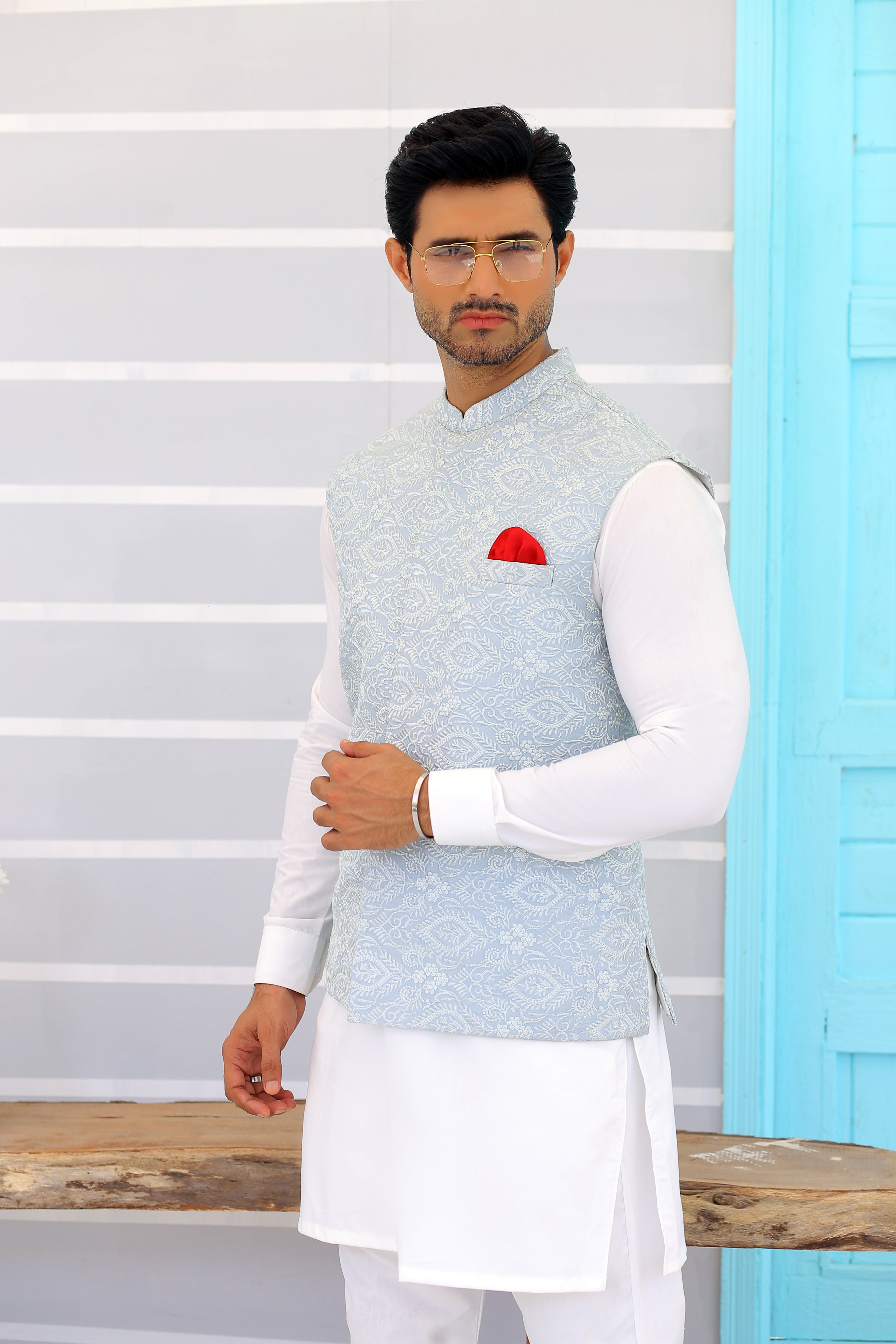 Sky Blue Jacquard Waistcoat (2-Piece) - Image 3