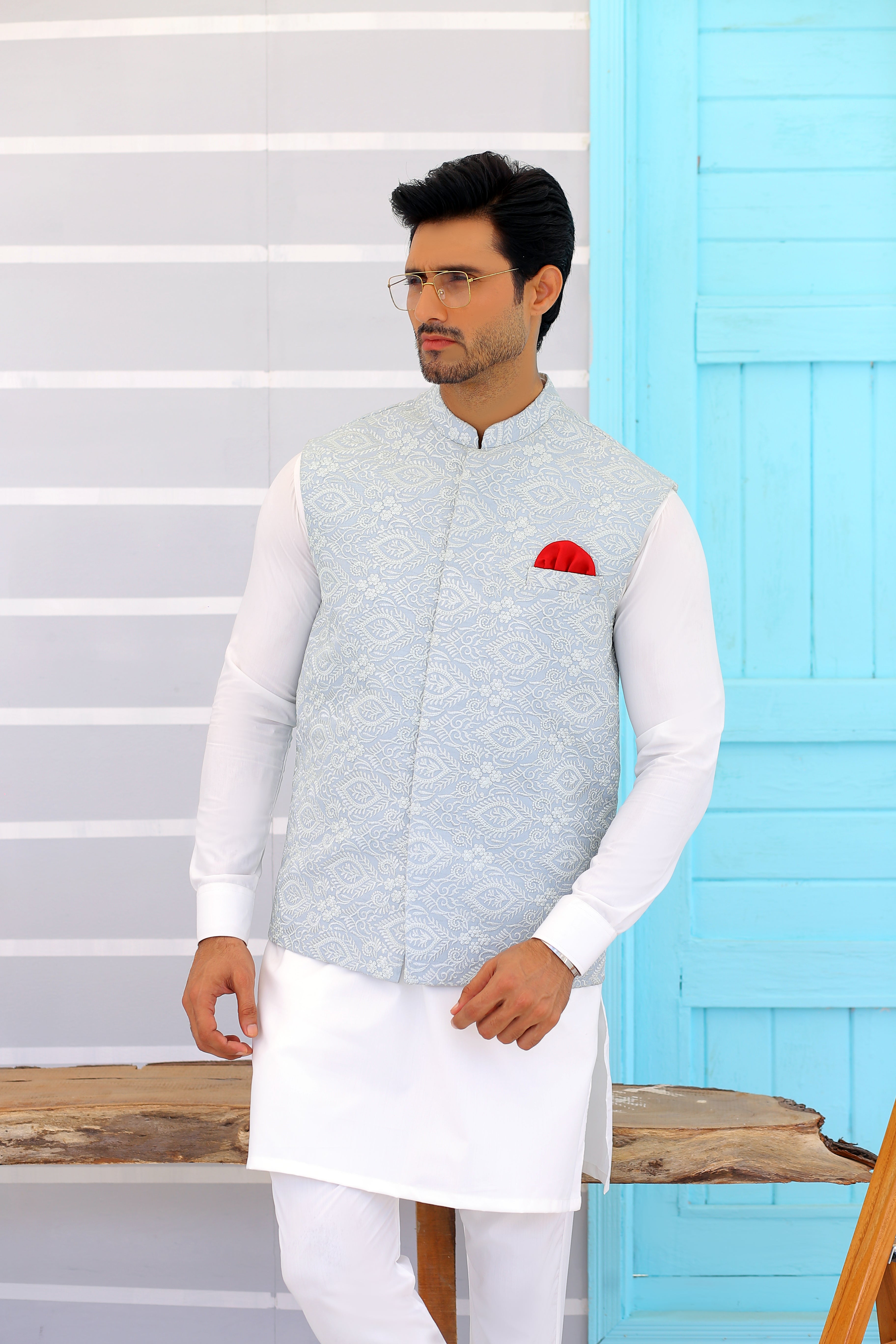 Sky Blue Jacquard Waistcoat (2-Piece) - Image 4