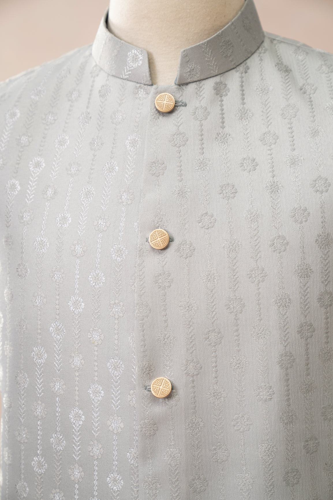 Sky Blue Jamawar Textured Waistcoat (1-Pc) - Image 1