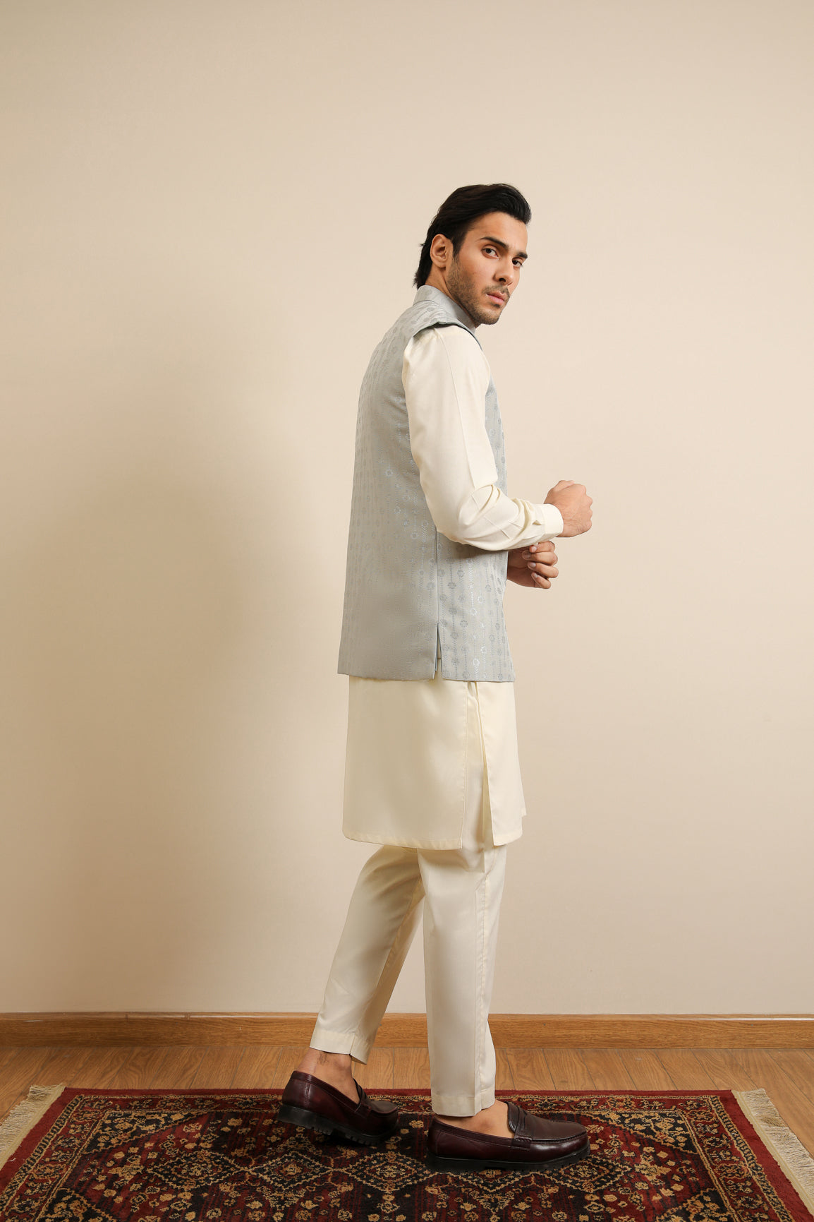 Sky Blue Jamawar Textured Waistcoat (1-Pc) - Image 10