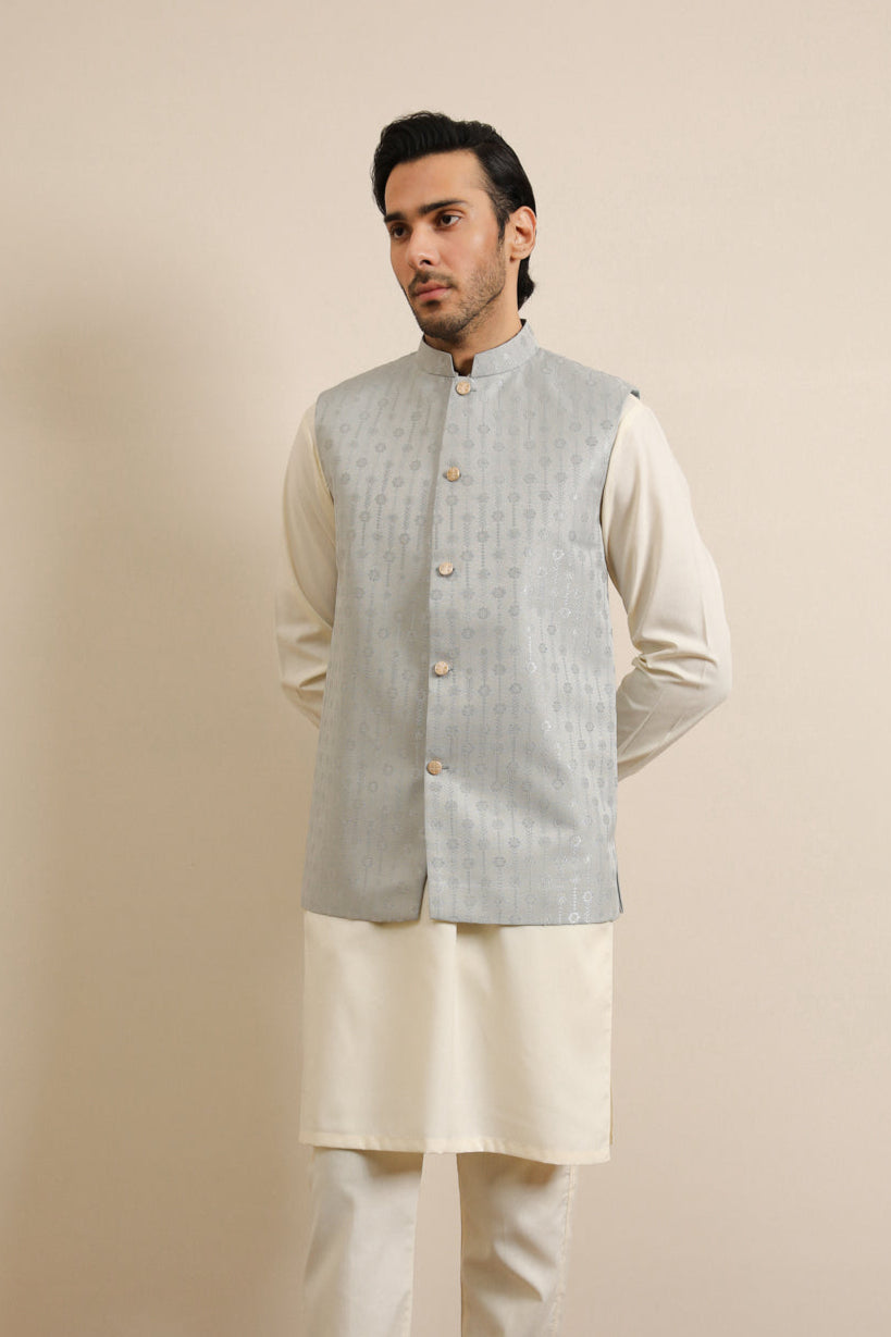 Sky Blue Jamawar Textured Waistcoat (1-Pc) - Image 3