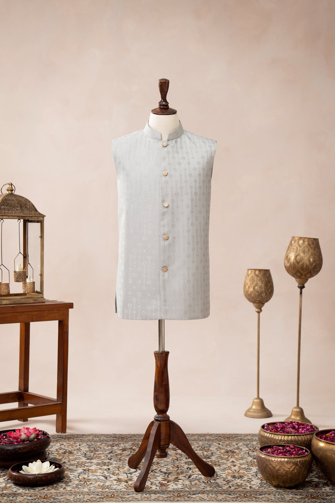 Sky Blue Jamawar Textured Waistcoat (1-Pc) - Image 4