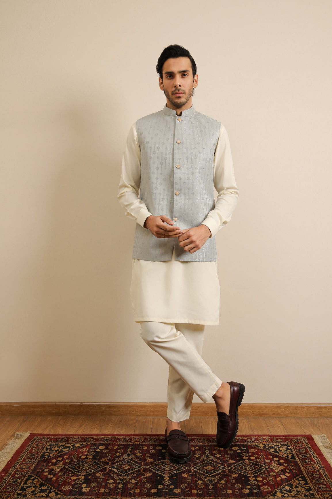 Sky Blue Jamawar Textured Waistcoat (1-Pc) - Image 8