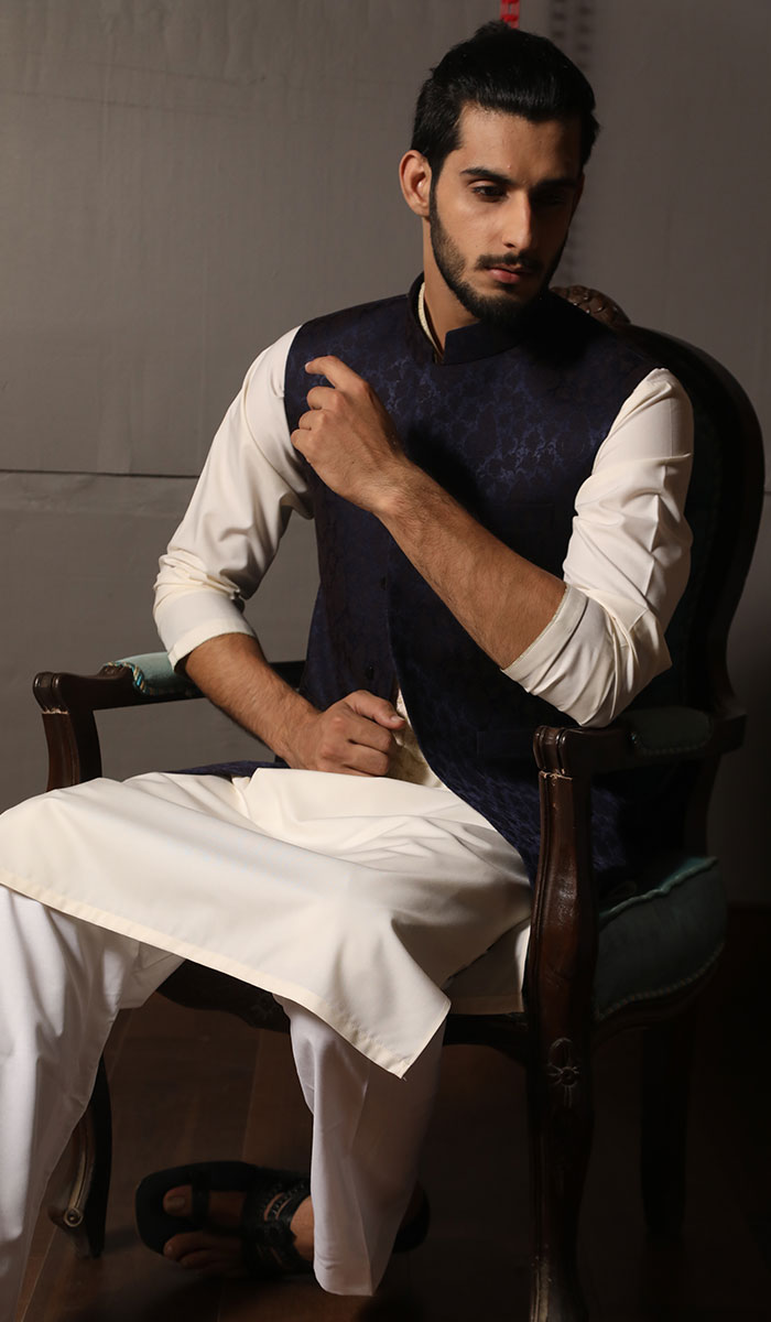 Midnight Blue Woven Karandi Waistcoat (1-Pc) - Image 1