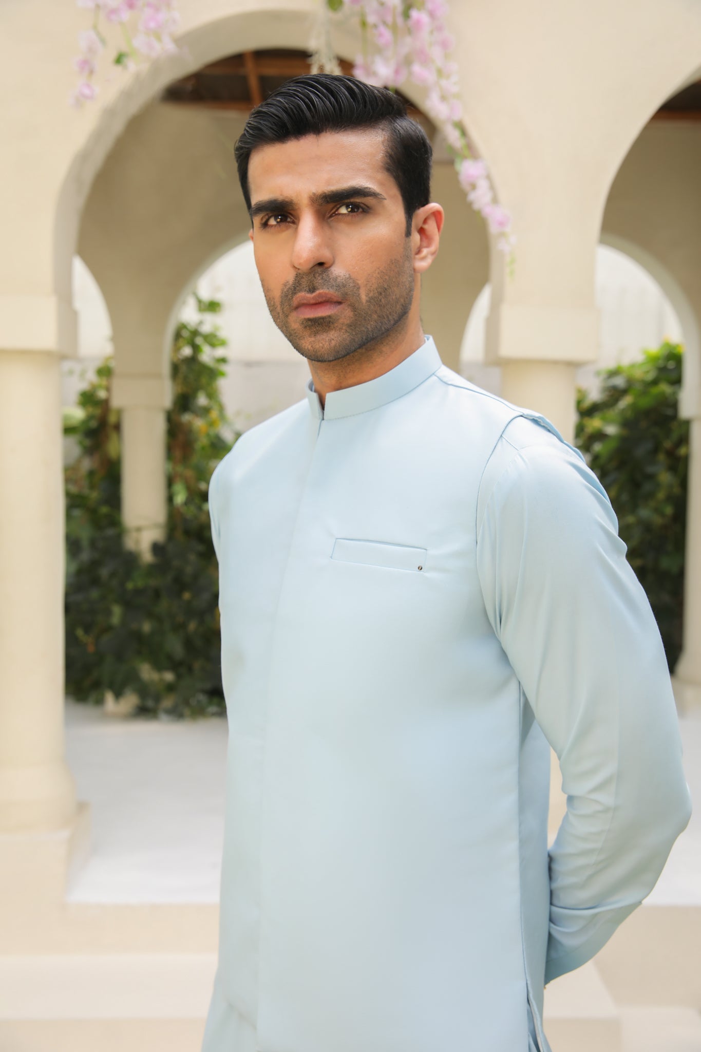 Sky Blue Blended Waistcoat Kurta Set (3-Piece) - Image 2