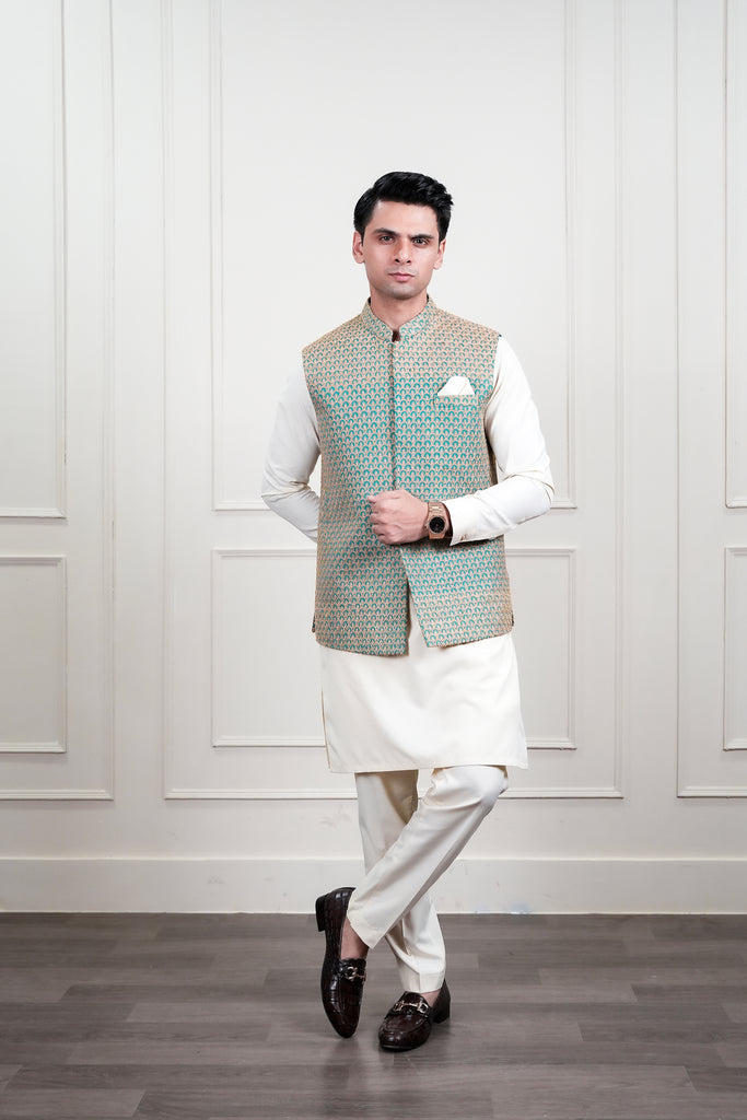 Light Blue Beige Embroidered Waistcoat Kurta Set (3-Piece) - Image 1