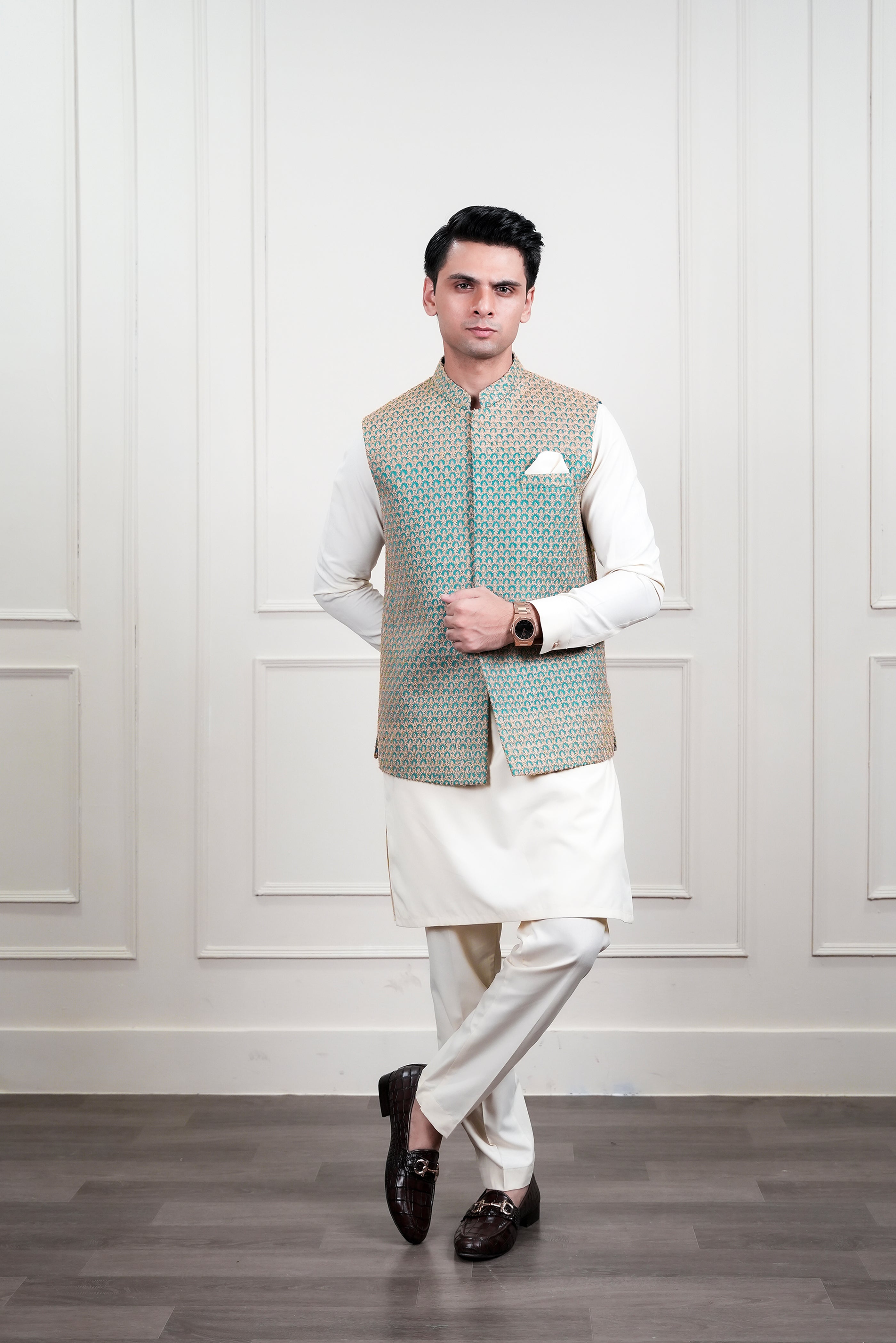 Light Blue Beige Embroidered Waistcoat Kurta Set (3-Piece) - Image 2