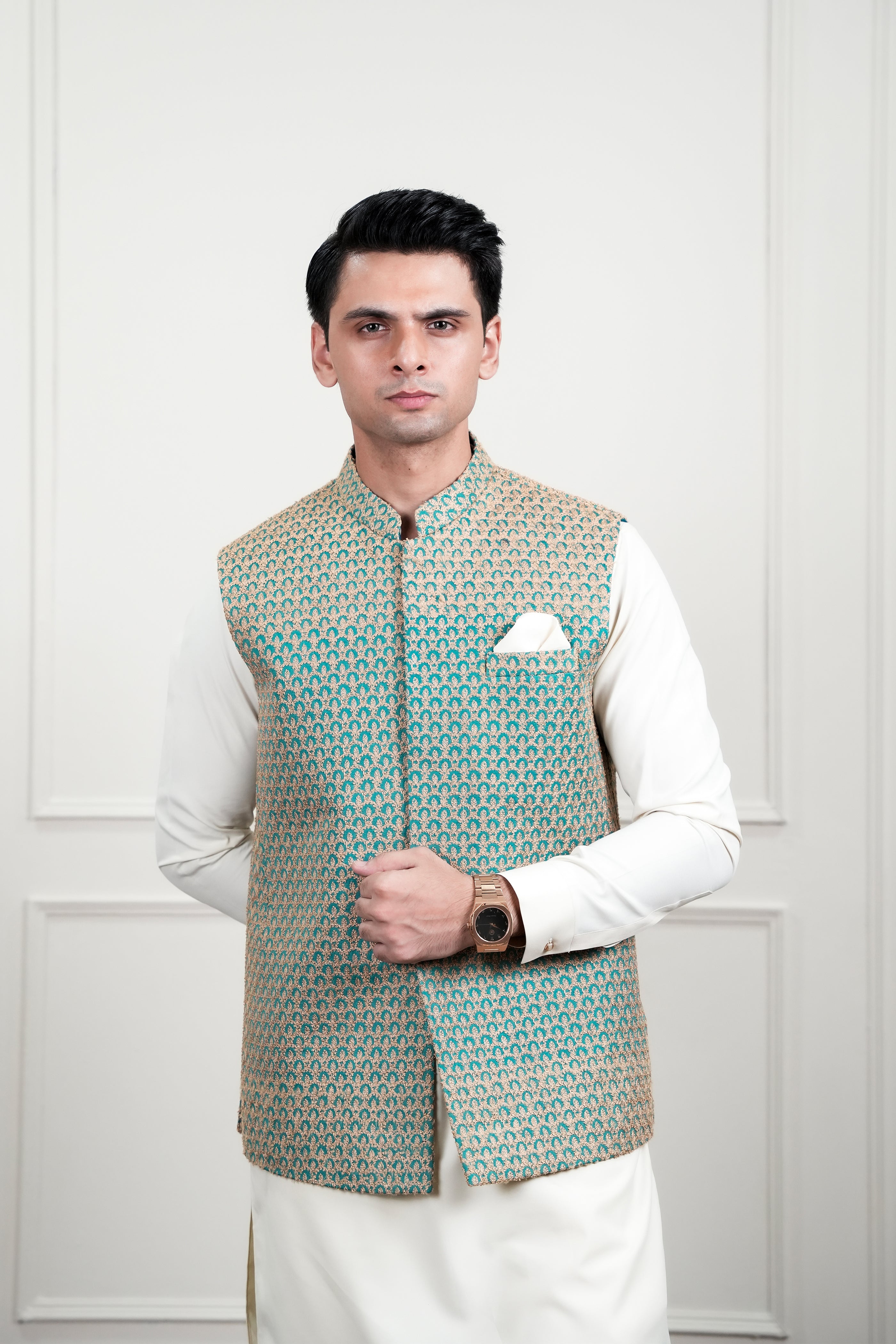 Light Blue Beige Embroidered Waistcoat Kurta Set (3-Piece) - Image 3