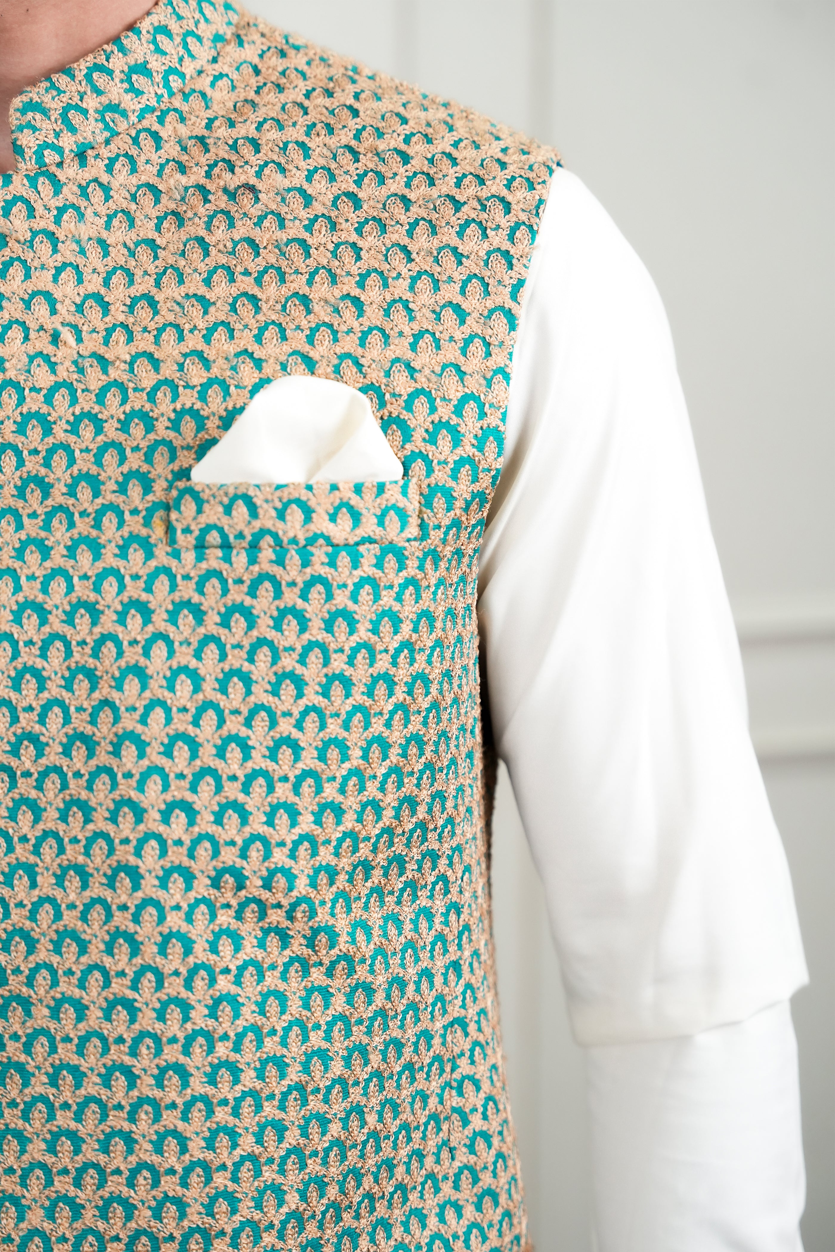 Light Blue Beige Embroidered Waistcoat Kurta Set (3-Piece) - Image 4