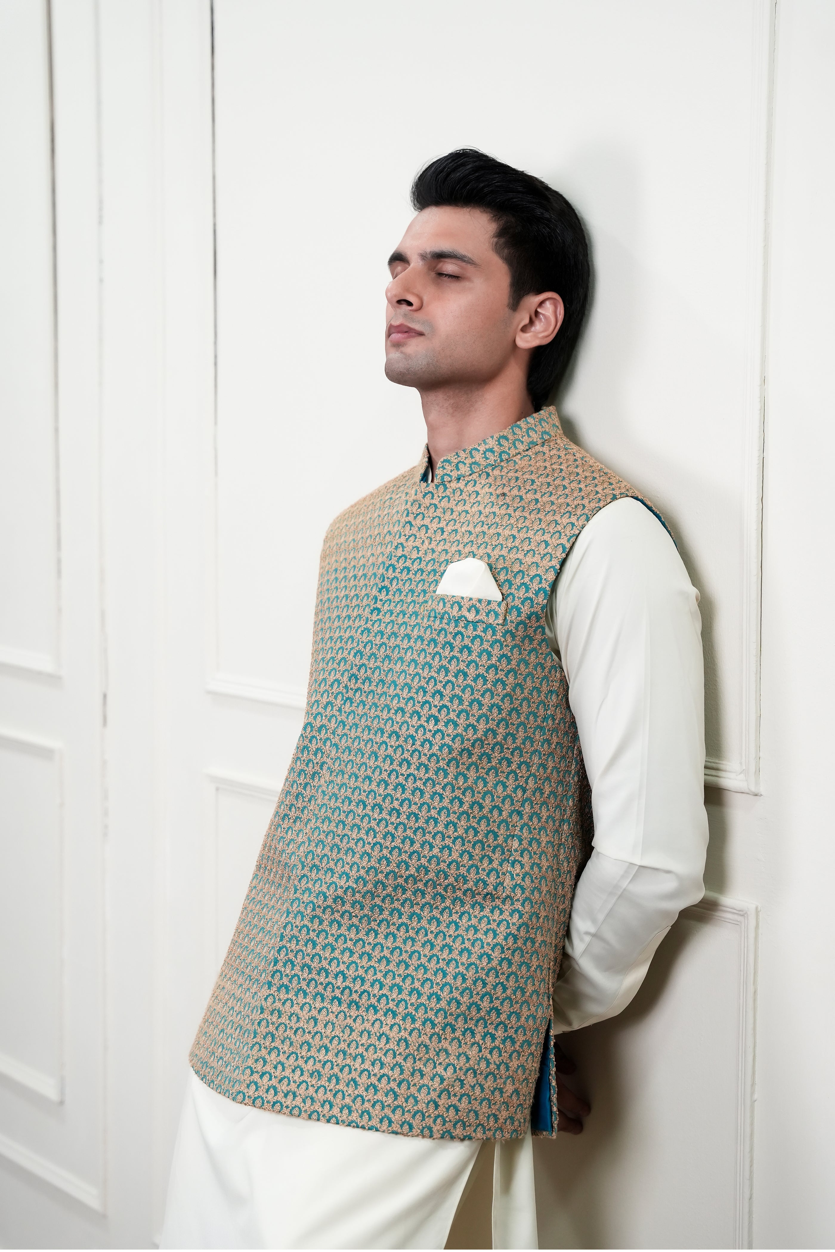 Light Blue Beige Embroidered Waistcoat Kurta Set (3-Piece) - Image 5