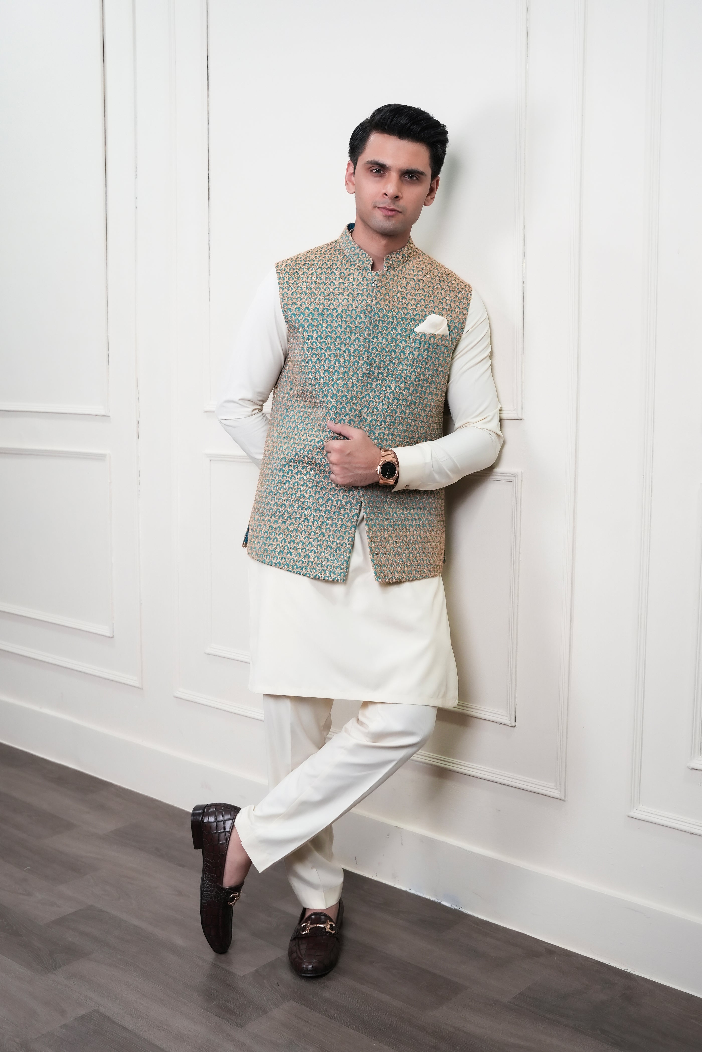 Light Blue Beige Embroidered Waistcoat Kurta Set (3-Piece) - Image 6