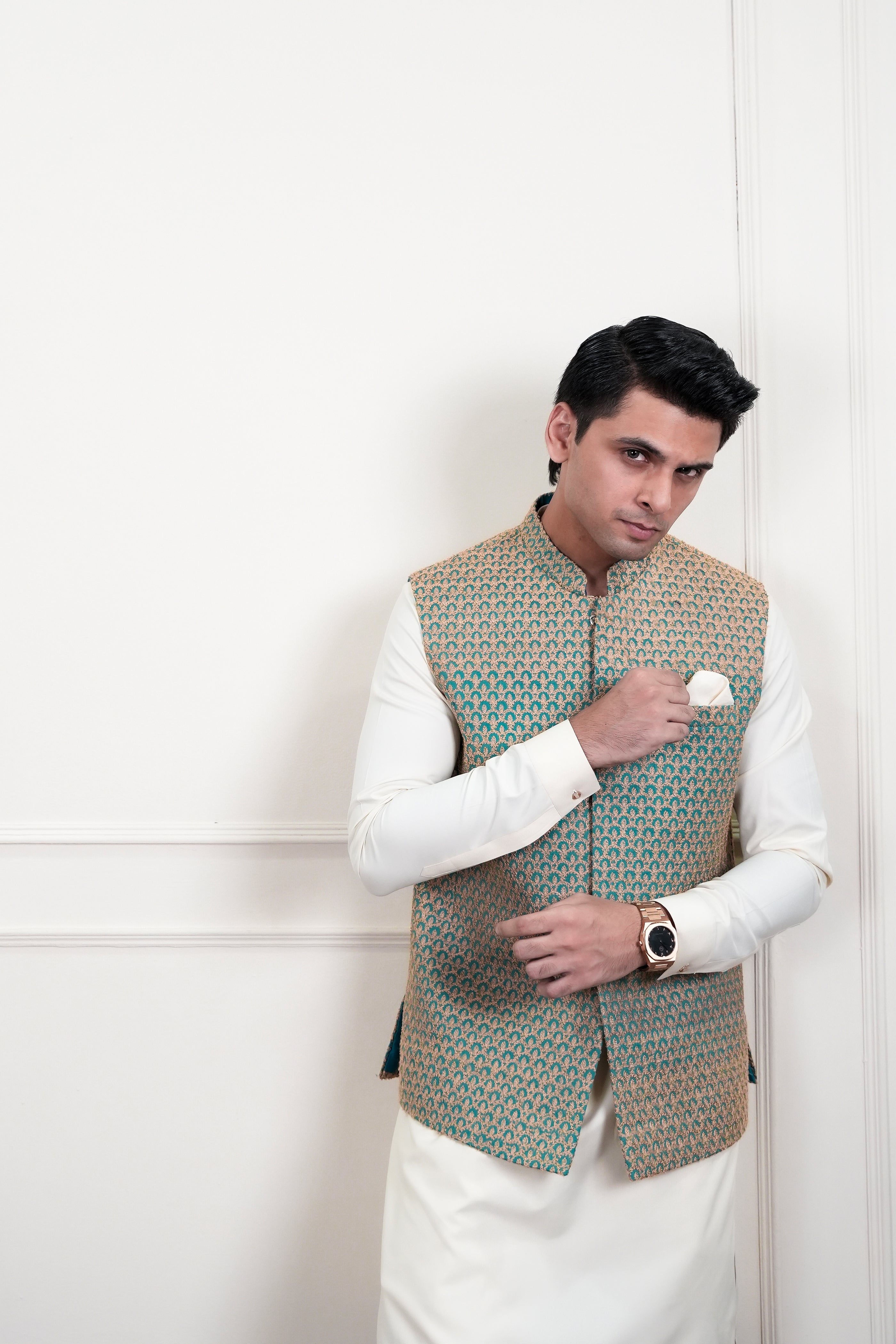 Light Blue Beige Embroidered Waistcoat Kurta Set (3-Piece) - Image 8
