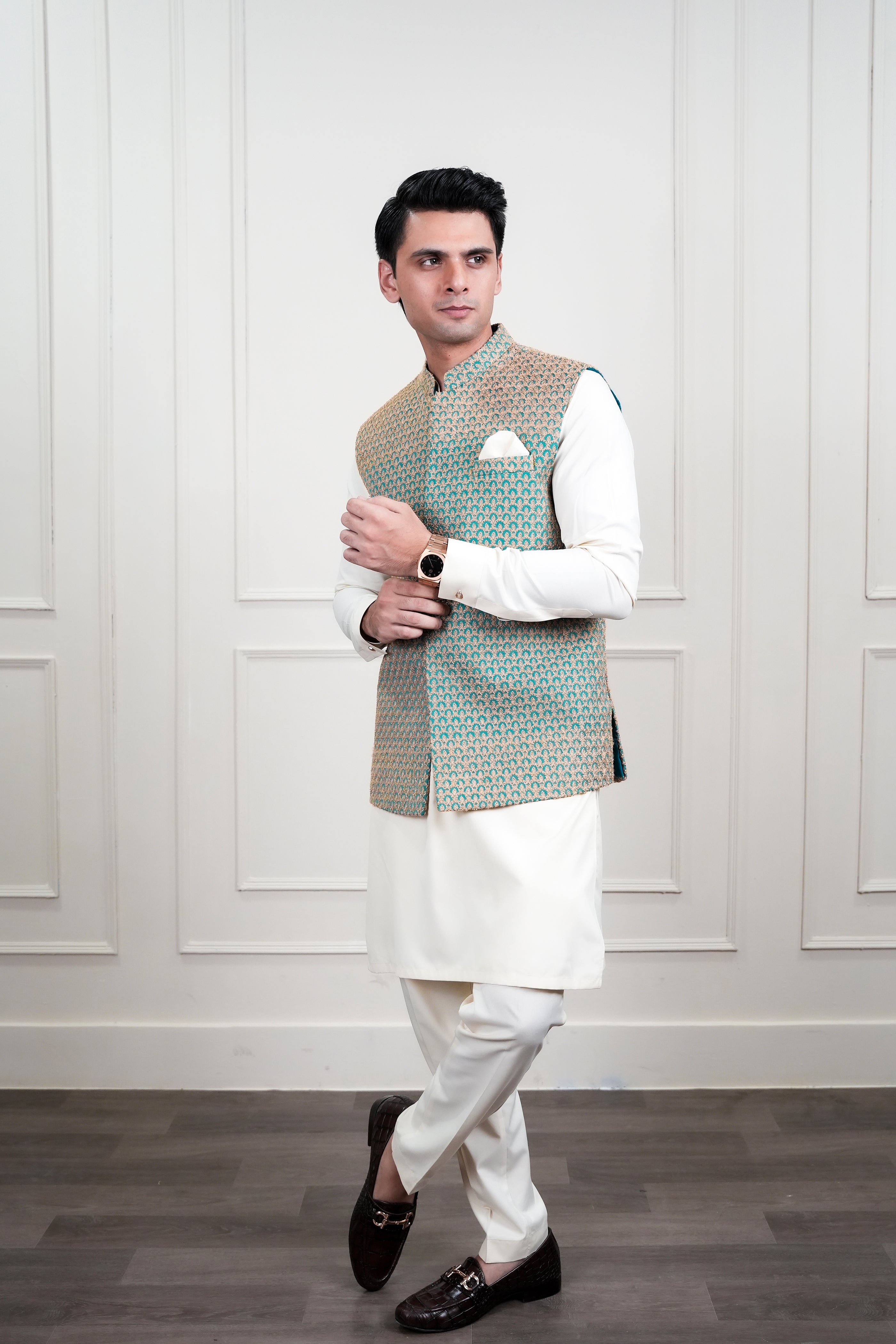 Light Blue Beige Embroidered Waistcoat Kurta Set (3-Piece) - Image 9