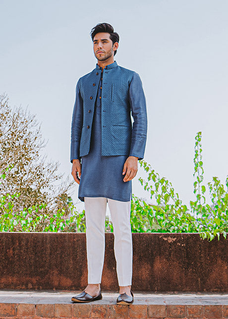 Steel Blue Embroidered Cotton Waistcoat Kurta (3-Piece) - Image 1