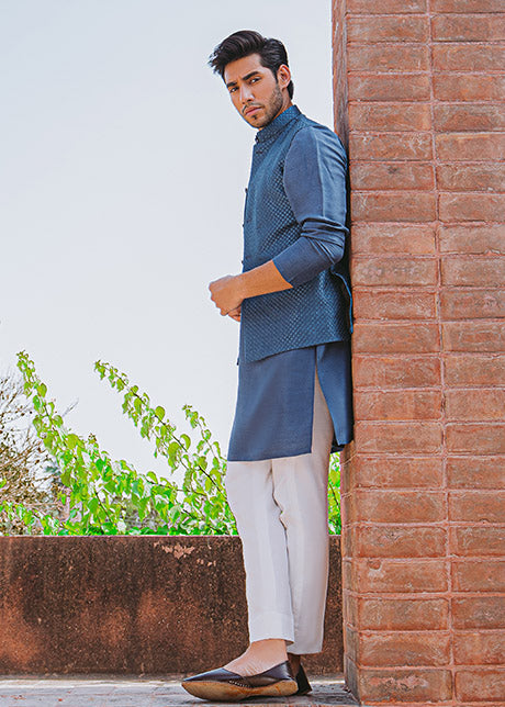 Steel Blue Embroidered Cotton Waistcoat Kurta (3-Piece) - Image 2