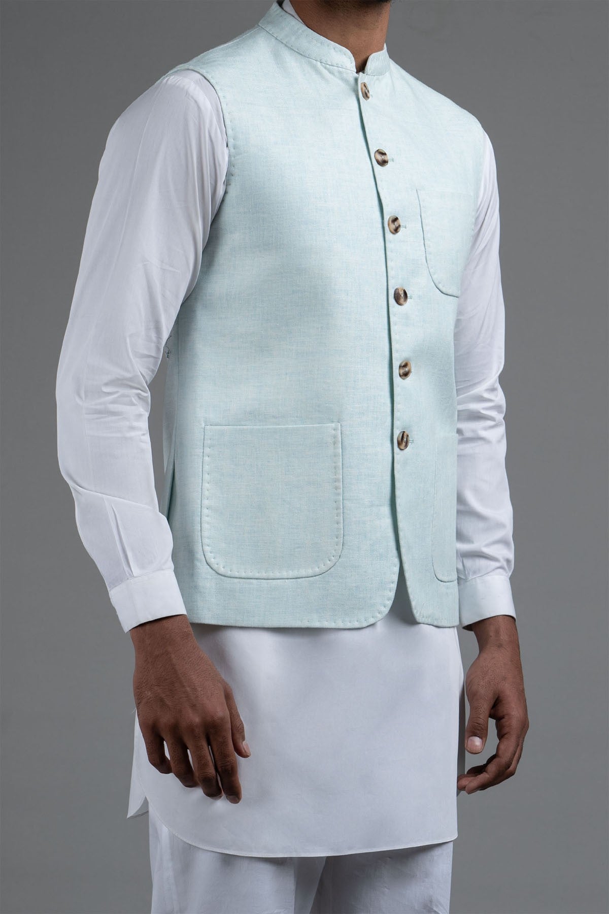 Sky Blue Cotton Waistcoat Kurta Set (3-Piece) - Image 1