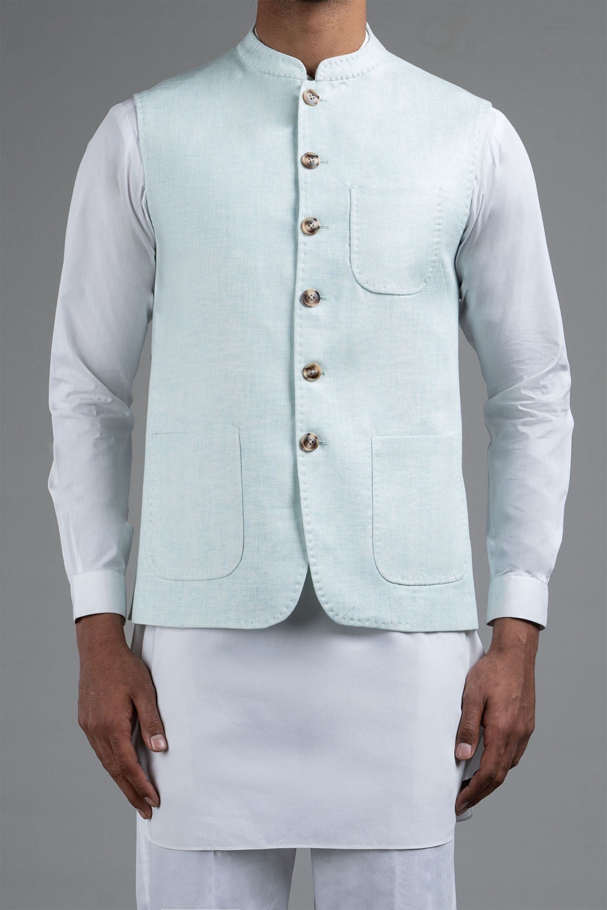 Sky Blue Cotton Waistcoat Kurta Set (3-Piece) - Image 2