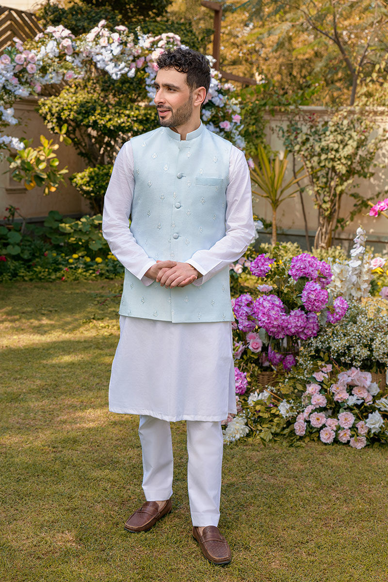 Powder Blue Embroidered Waistcoat Kurta Set (3-Piece) - Image 1
