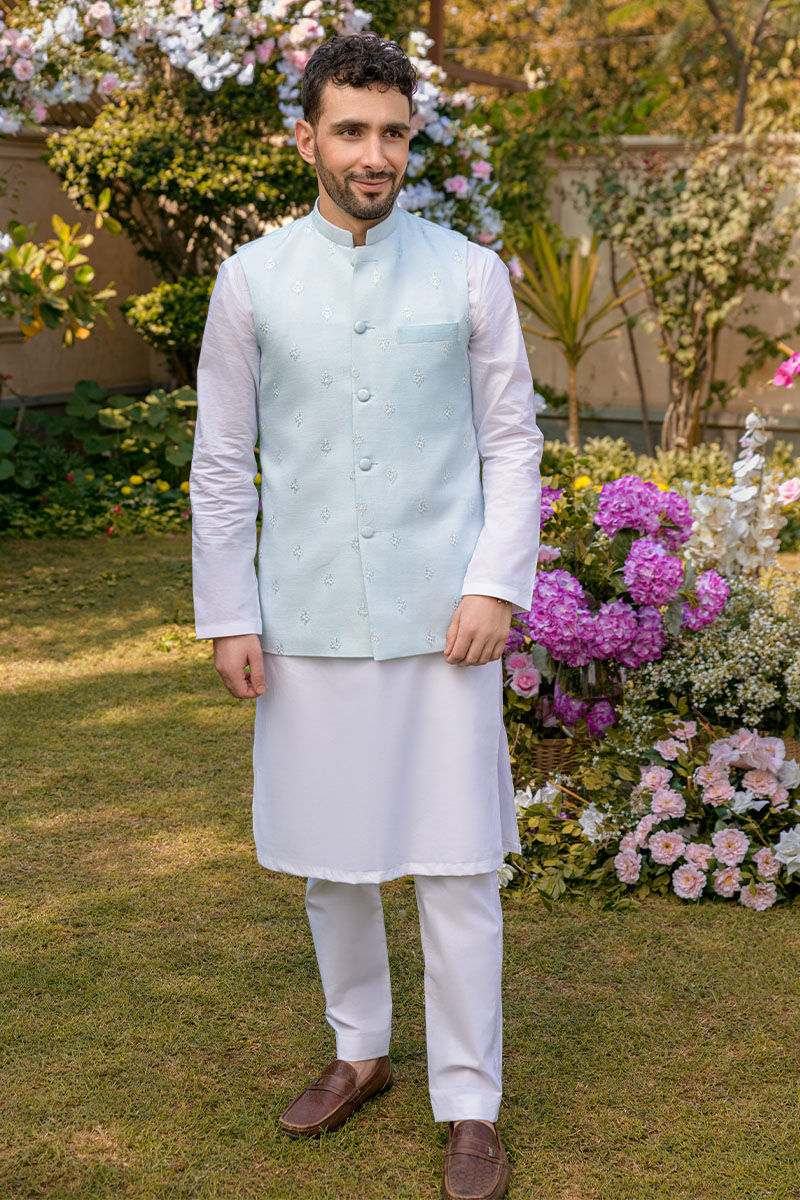 Powder Blue Embroidered Waistcoat Kurta Set (3-Piece) - Image 2