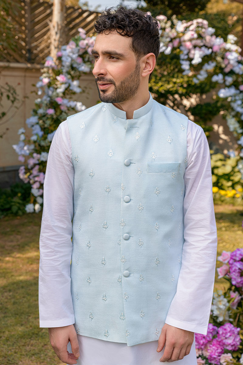 Powder Blue Embroidered Waistcoat Kurta Set (3-Piece) - Image 3