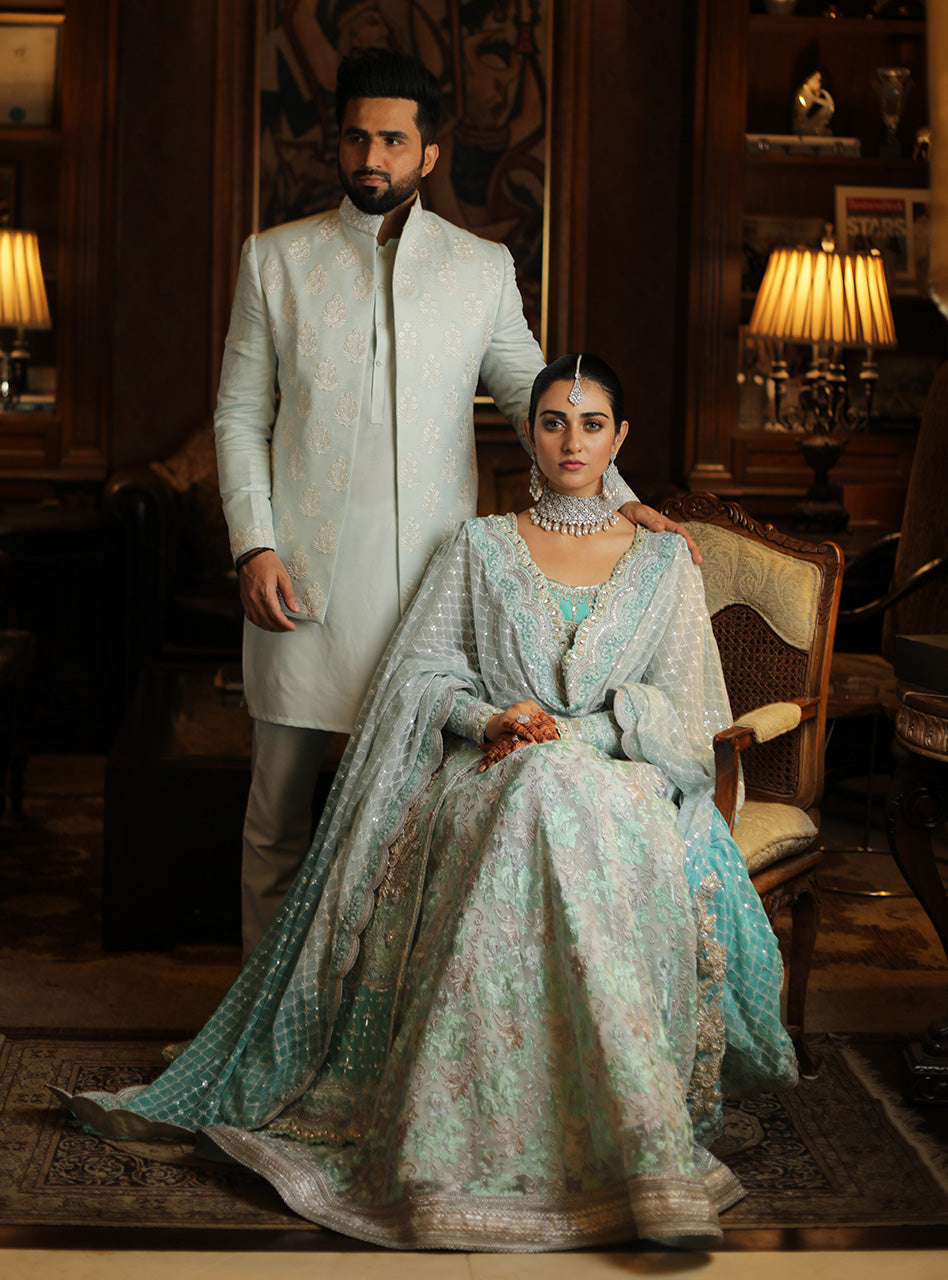 Ice Blue Embroidered Jacquard Waistcoat Kurta Set (3-Piece) - Image 1